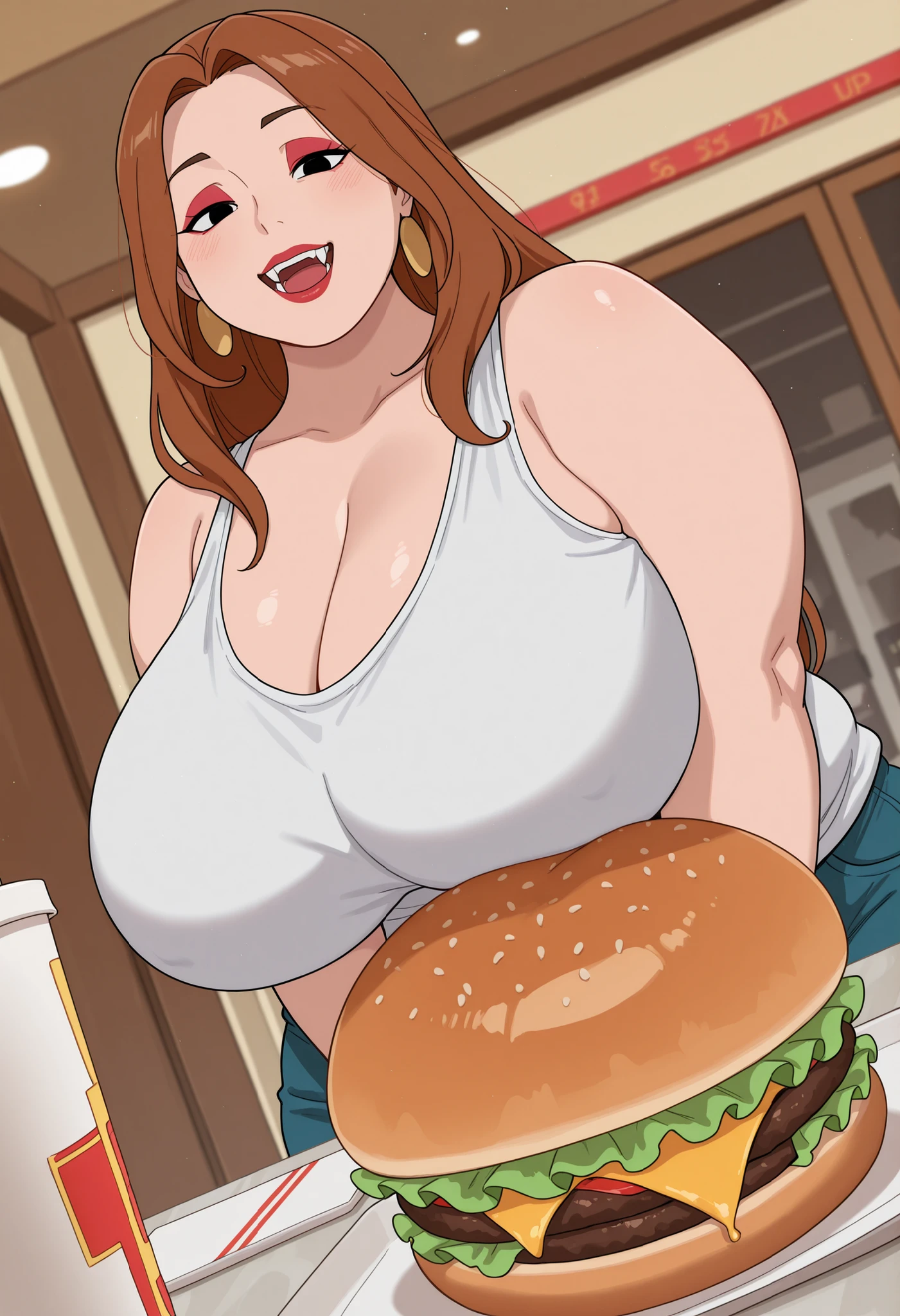 Debra, huge saggy . Pale red lipstick, brown hair,black eyes, pale red makeup, long hair, thick , chubby, overweight, mature woman. | score_9, score_8up, score_7up, score_6up, score_5up, score_4up, dutch angle, dynamic angle, fast food restaurant, burger, source_cartoon, rating_safe, BREAK huge food, huge burger, white tank top, arm tufts, focus, happy, fangs, 