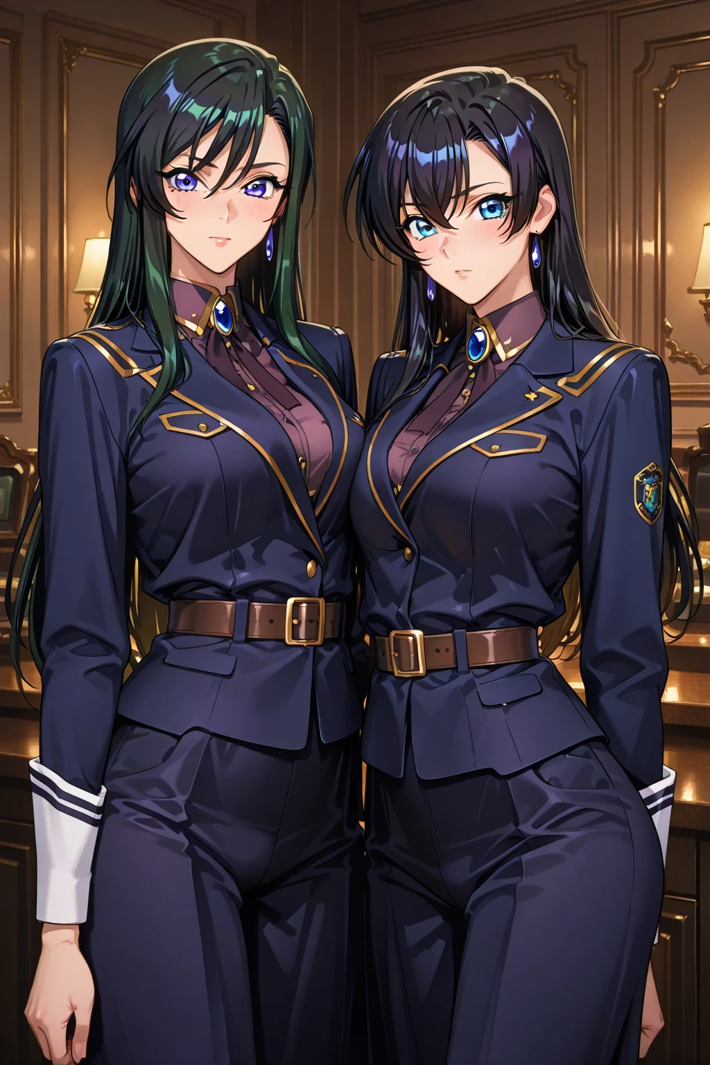 score_9_up, score_8_up, score_7_up, 2girls, mature females, Nobara Kugisaki and Maki Zenin, looking at viewer,(((first girl is Nobara has short brown hair, brown eyes, blue tight uniform with skirt))), (((second girl is Maki has green ponytail hair, glasses, yellow eyes, blue tight uniform with tight skirt))), naughty smiles, they are looking at viewer,((yacht cabin)), day time, standing tall in  poses