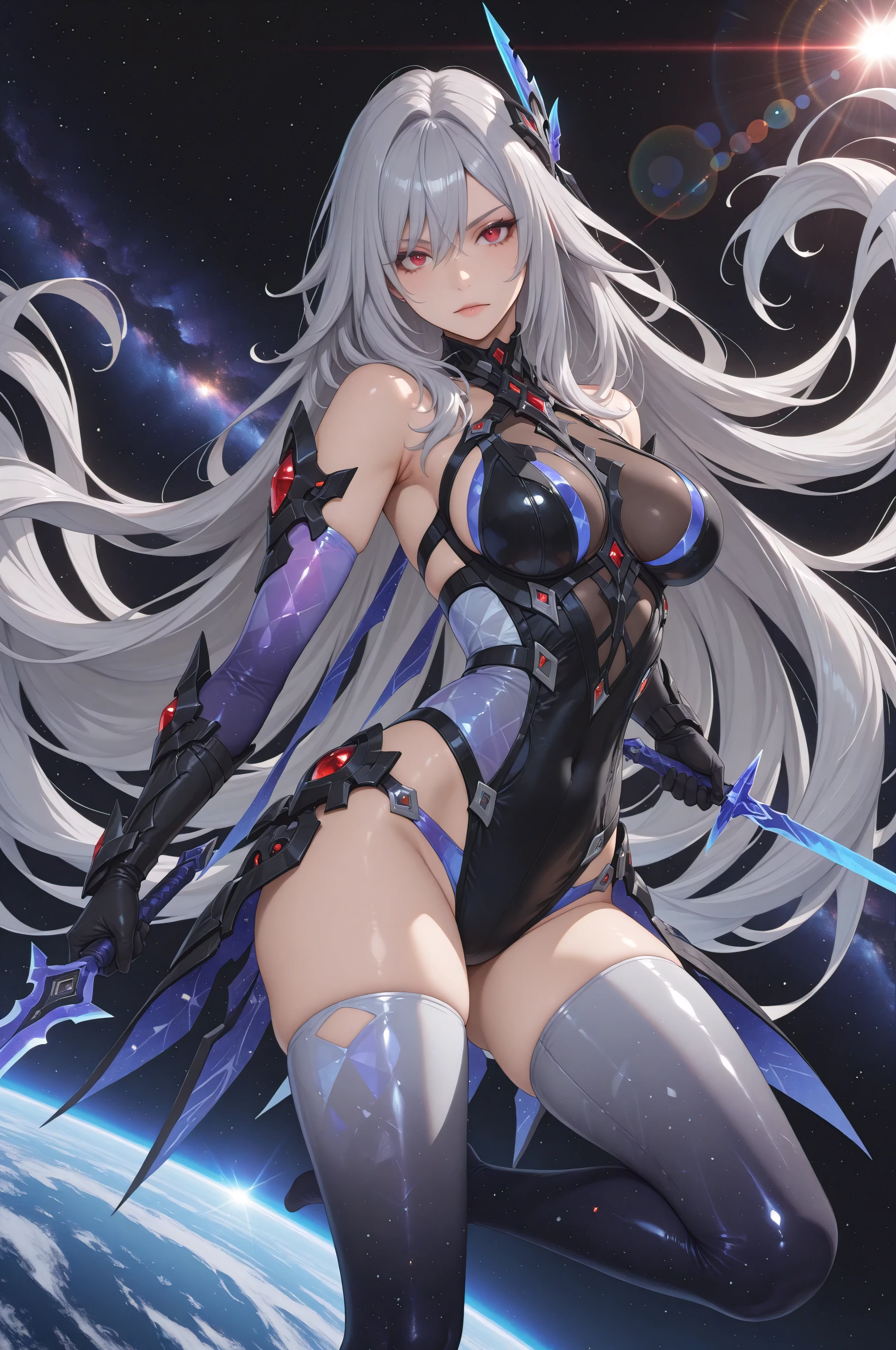 (explict), 1girl, hair ornament, solo, skirk_black, long hair, gloves, gradient legwear, grey hair, very long hair, hair ornament, looking at viewer, facing front, red eyes, upper knee only, breasts, detached sleeves, no emotions, lens flare, space, holding sword, dynamic pose, (from front:1), shattering effect, (masterpiece), (best quality), (ultra detailed), (masterpiece, best quality, amazing quality, highres, absurdres, very aesthetic)