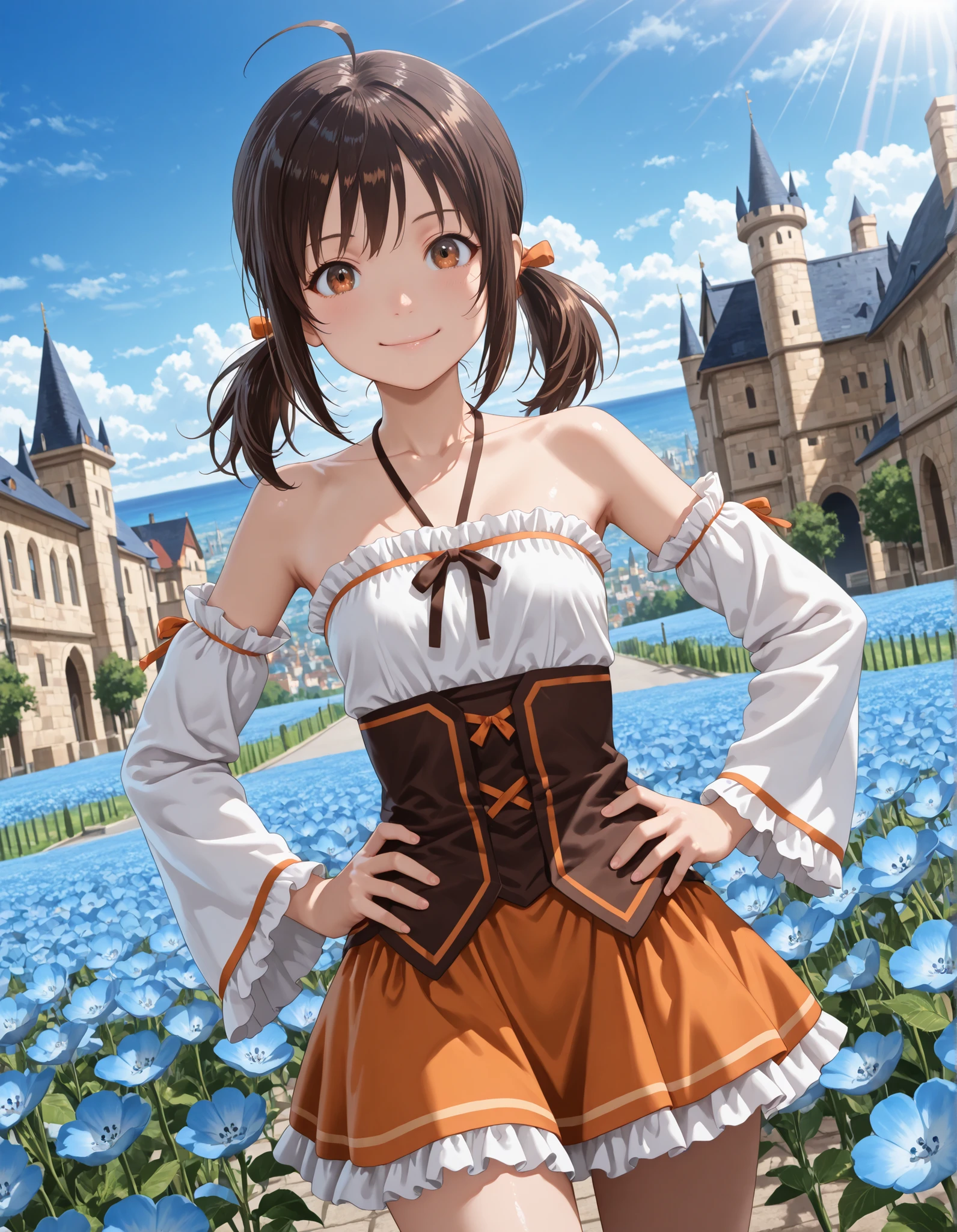 (1girl, solo:1.3),hand on own hips, masterpiece,best quality,amazing quality, (((1girl, solo,suzu taniguchi, brown hair, black hair, twintails, brown eyes, ahoge, anime screencap bare shoulders, collarbone, frills, detached sleeves, orange skirt, miniskirt, small breasts)), cowboy shot, upper body, from below, outdoors, street, Dutch angle to the side, looking at viewer, smile, landscape,castle, cityscape, Outdoors, depth of filed, Light on Face, Portrait, Sunlight, skyporn, (field of Nemophila flowers) outdoors, (Nemophila:1.2) (realistic blue flower:1.1), (blue flower field look like sea), horizon, noon, detailed background