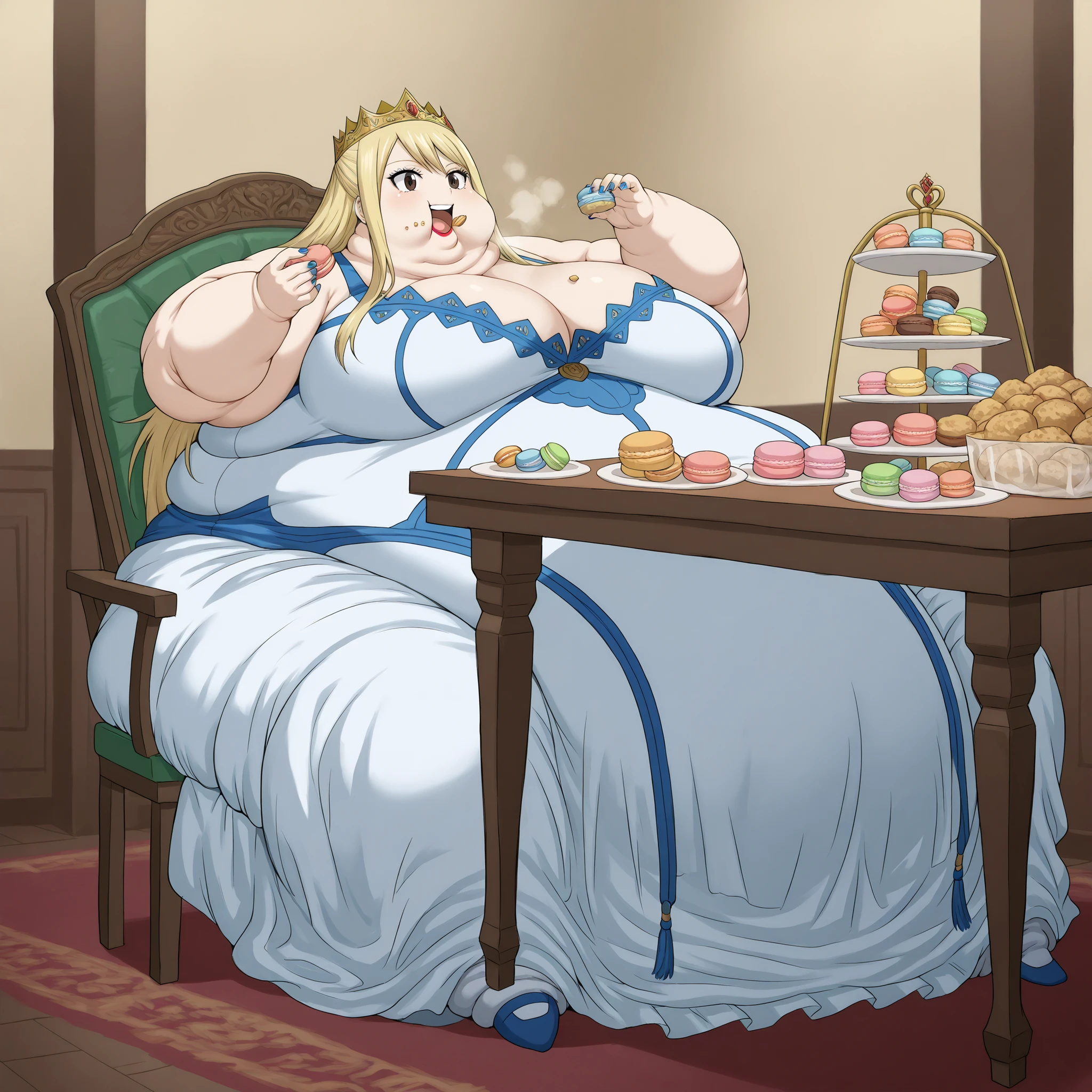 lucy heartfilia, long hair, blonde hair, large breasts, brown eyes, smile, royalty, dress, crown, makeup, lipstick, painted nails, fat, chubby, obese, fat neck, multiple chins, big breasts open mouth, out of breath, Larger female, full body shot, sitting on chair, sitting down, table, dinning room, in front of tones of food, eating macarons, eating desserts, eating food, food in mouth, force fed, force feeding, (lora:force-feeding-ponyxl-lora-nochekaiser:1>, force-feeding, feeding, forced, full mouth, food, eating), rush of food, reclining back on chair, Extremely obese puffy puffy fat Body Length