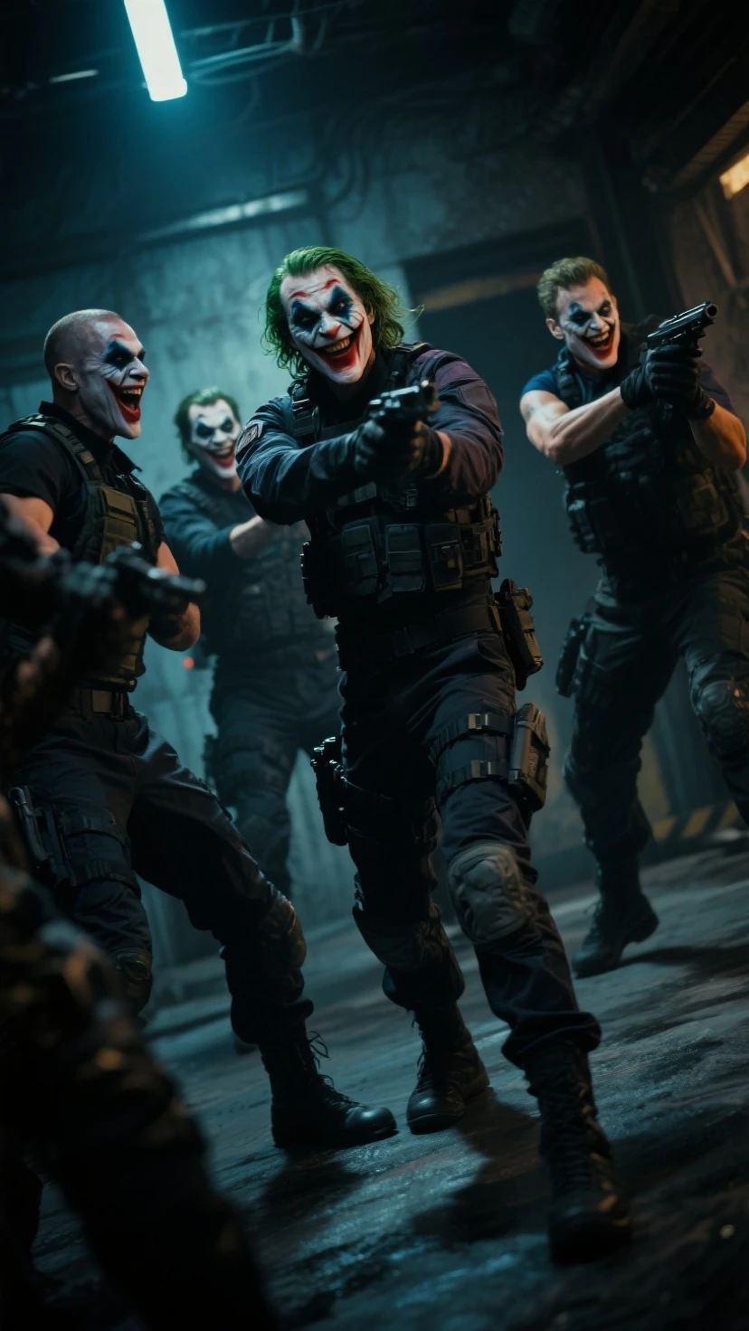 Realistic,mission:Impossible。dynamic scene。characters with Joker-like expressions, 