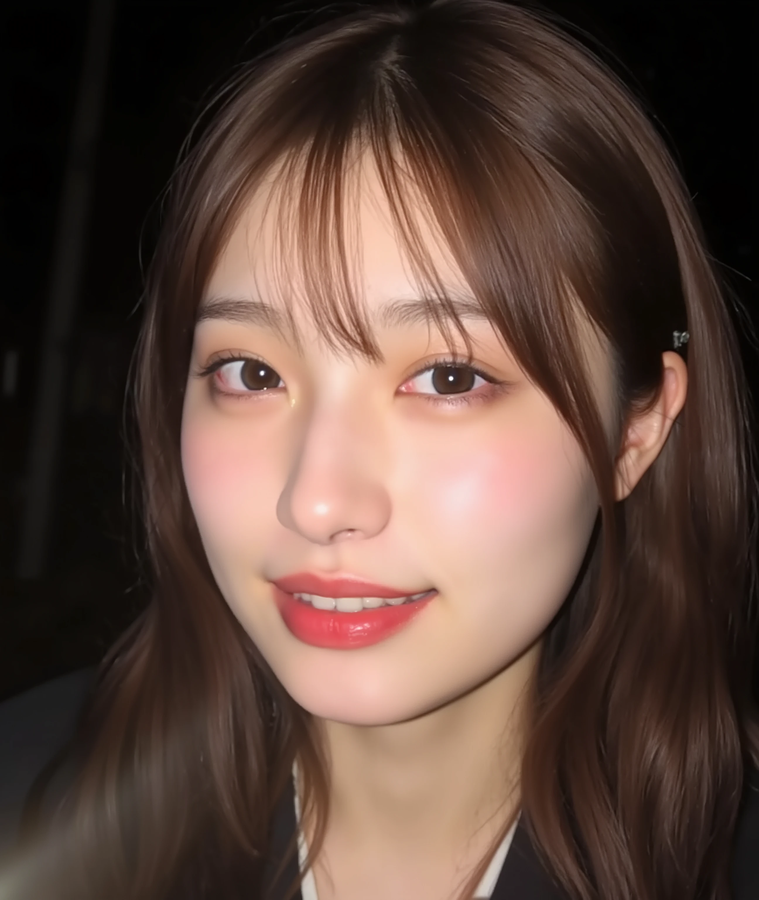 The image is a close-up photograph of a young Asian woman with a fair complexion. Her face dominates the frame, occupying the majority of the image, with her eyes, nose, and lips prominently visible. She has large, almond-shaped eyes with long, thick eyelashes, and her skin is smooth and soft. Her lips are full and slightly parted, revealing a natural, rosy hue. She wears a small silver stud earring in her left ear, adding a subtle touch of personal style.
Her hair is long, dark brown with subtle highlights, and it partially covers her forehead, giving a slightly tousled, casual look. The background is out of focus, but it appears to be a dark, possibly indoor setting, which emphasizes her face and provides a stark contrast to her light complexion. She is wearing a black garment, possibly a top or a sleeve, which is visible at the bottom of the image. The overall mood of the photograph is intimate and personal, capturing a candid moment with a natural, unfiltered aesthetic.