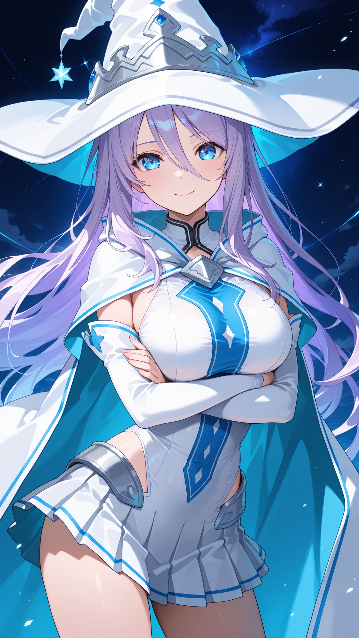 masterpiece,best quality,highre,ultra-detailed,detailed illustration,source_anime,1girl,solo,slender,Shizuru,purple hair, long hair, blue eyes,enchanting eyes,highly detailed eyes,hair between eyes,white wizard,wizard hat,cape,detached tight sleeves,pleated miniskirt,smile,looking at viewer,crossed arms,contrapposto,