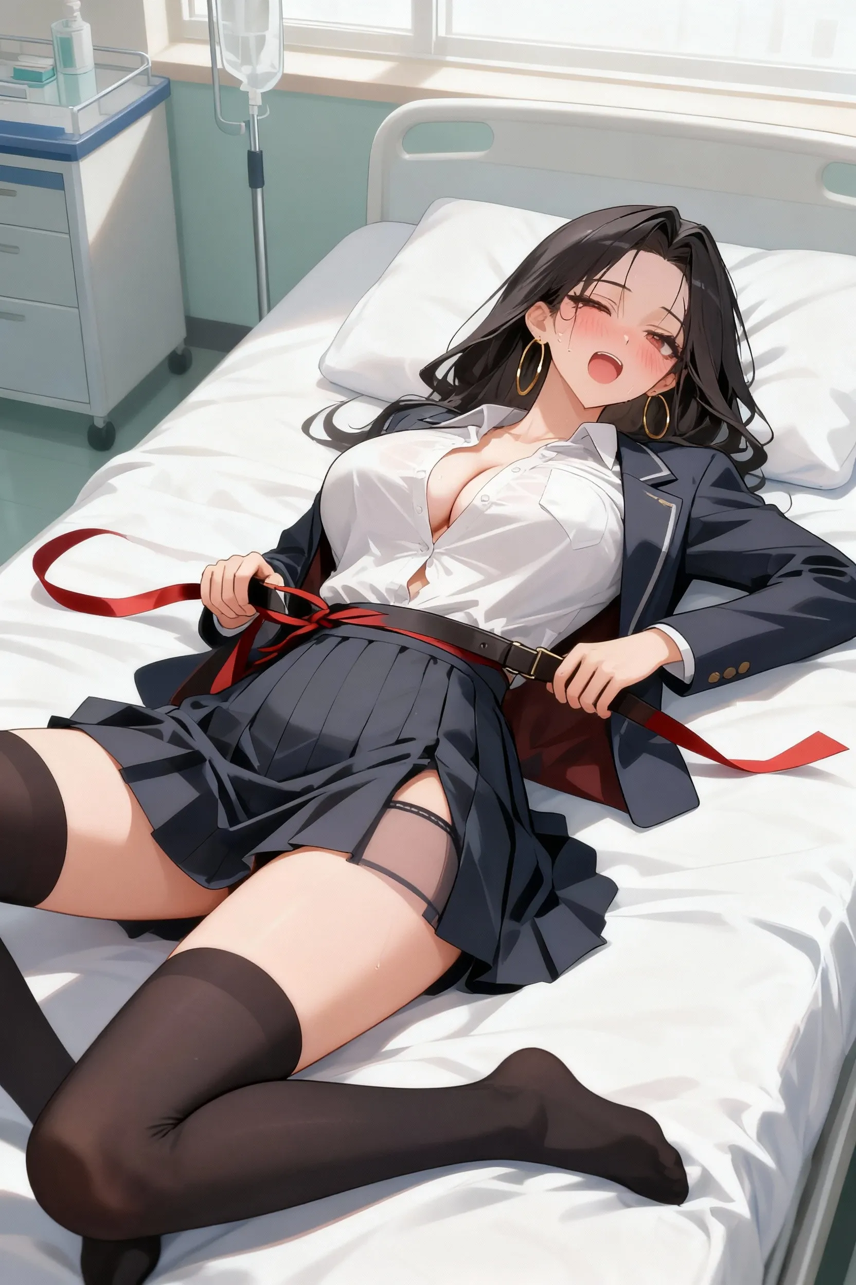 KurumiSchool, low twintails, hair over one eye, , black jacket, blue skirt, neck ribbon, black pantyhose, in_box, nsidebox, boxrelaxed, in box, in container, inside cardboard box, box with packing peanuts