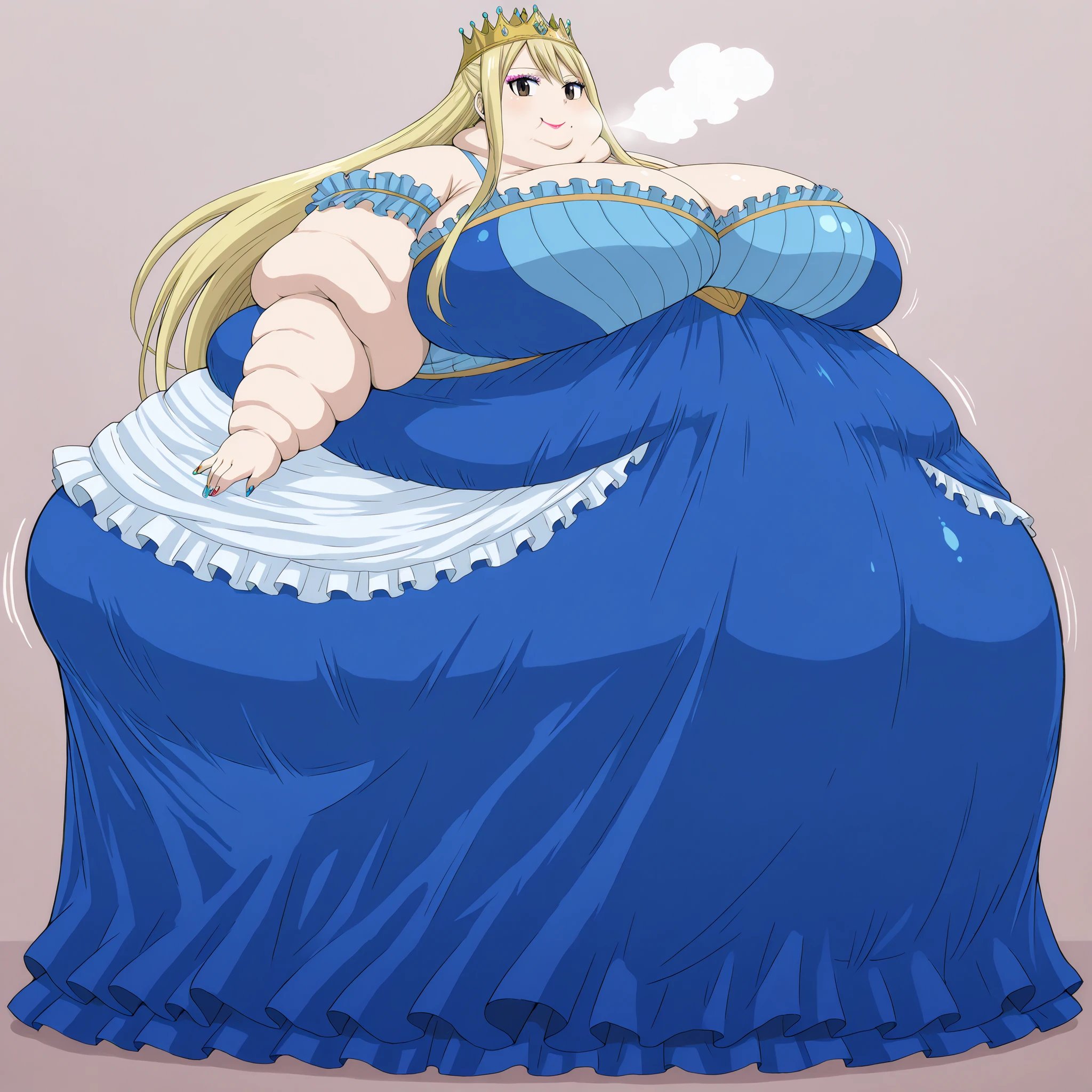 lucy heartfilia, long hair, blonde hair, large breasts, brown eyes, smile, royalty, dress, crown, makeup, lipstick, painted nails, fat, chubby, obese, fat neck, multiple chins, big breast, out of breath, Larger female, full body shot, Extremely obese　puffy puffy fat　Body Length, side view 