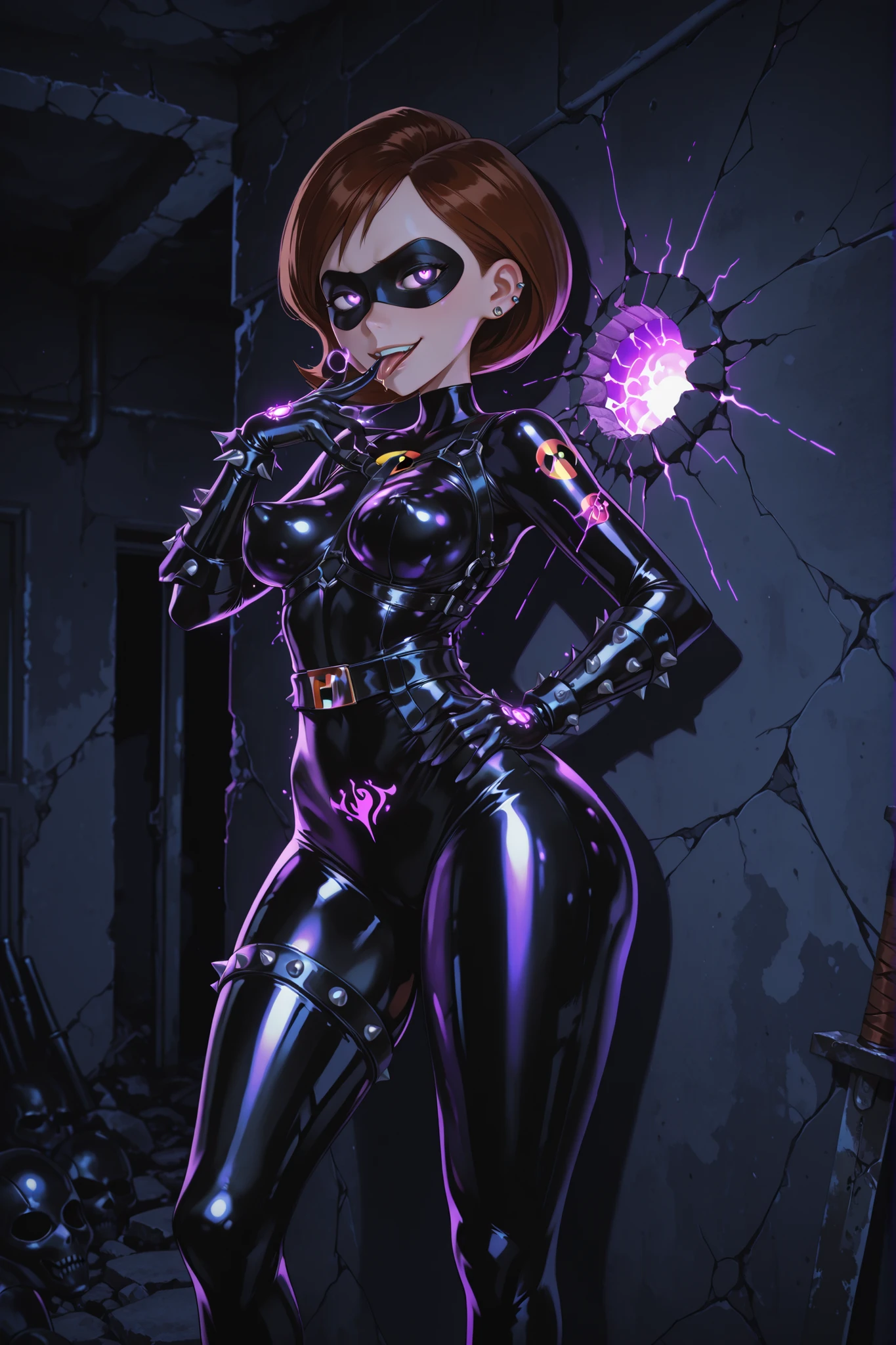 Helen Parr, Elastigirl. Brown hair. Black eye mask. Spiky piercings. Sarcastic smile. Glossy. Black costume. Leather bodysuit. Spiked accessories. Metal armor. Leather harness. Purple glowing line. Latex gloves. Cartoon body. Perky breasts. Large waist. Detailed thighs. Thick legs. Massive legs. Crotch tattoo. Clawed gloves. Hand on hip. Licking fingers. Asymmetrical leg pose. Dark room. Ruins. Cracked wall. Concrete wall. Rebar.