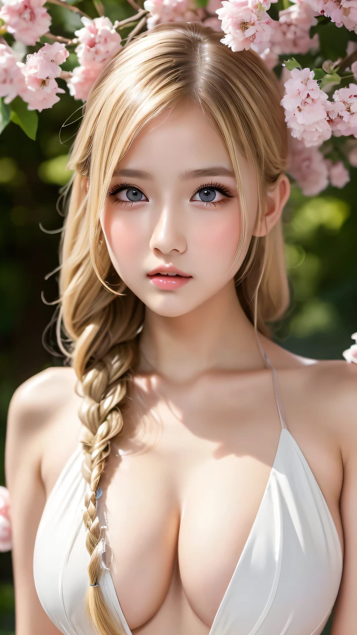 glamor photo, ((Highest quality)), ((masterpiece)), (detailed), Braided long hair, ((Blonde hair)), (highschool girl), Beautiful girl, Very Cute Eyes, glassy-eyes, eyelashes, breasts, (cheek:1.3), (surprised:1.1), Glossy thick lips, glossy uniform, tanlines, gal, outside, cinematic photo, scenery