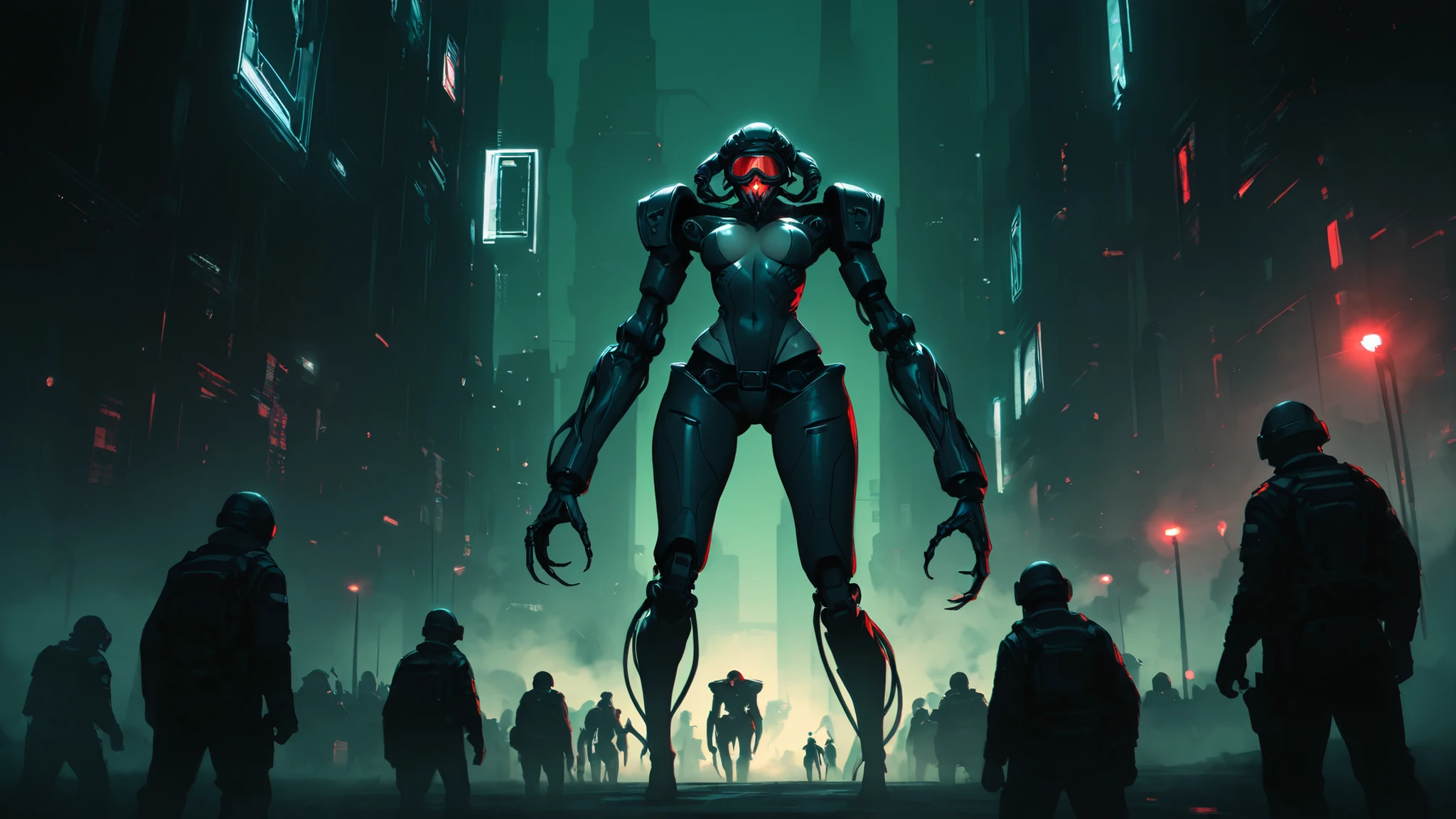 nakedgirl,grotesque,low-angle view of a towering mechanical ant at night, its glowing eyes casting an eerie light, insectoid cybernetic design with articulated limbs and mandibles, surrounded by futuristic soldiers wearing night vision goggles and tactical exo-suits, tense atmosphere, fog and shadows, cyberpunk military style, dramatic cinematic lighting, sparks and dust in the air, Ghost in the Shell inspired, ultra-detailed sci-fi concept art