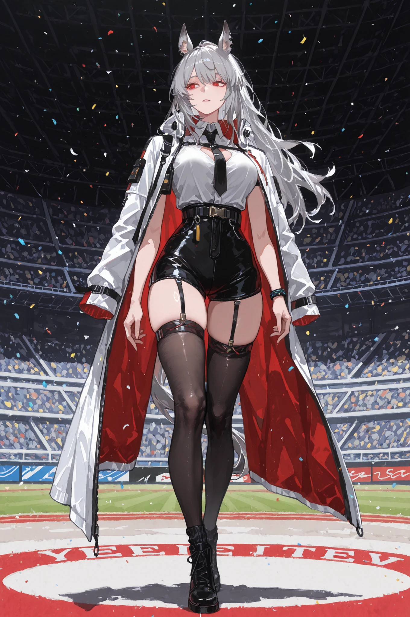 lawn、Racecourse、緑のlawnの上、新緑のlawn、Yee Xuan、collapse Starrail、Racecourse、Uma Musume、horse ear、Jirio Mahonoko、 A sophisticated eye 、Full Body、GBF_style、748cm style for bigi、32K、Semi Realistic、  super detailed description on the front 、art work、Original Work、 Detailed Color、 detailed eyes、 detailed face 、Detailed Eyes、detailed eyes、Exquisite eyes, The best傑作、professional job、Beautiful , Lots of Piercings, pop art,, realistic skin, The best, long hair,Red Eye,    cool look, narrowed her eyes, viewers, Silver Hair、lawn、Racecourse、Turf、Race Course 、dynamic pose 、緑のlawn,Racecourse、lawn、Black Knee Socks、緑のlawn、black hotpants、black hotpants、black tights、lawnの上、frustrated、garter belt、schwarz(Arknights)、Red and white coat 、white two-tone coat、緑のlawn、lawnの上、lawnの中、新緑のlawn、lawnの地面