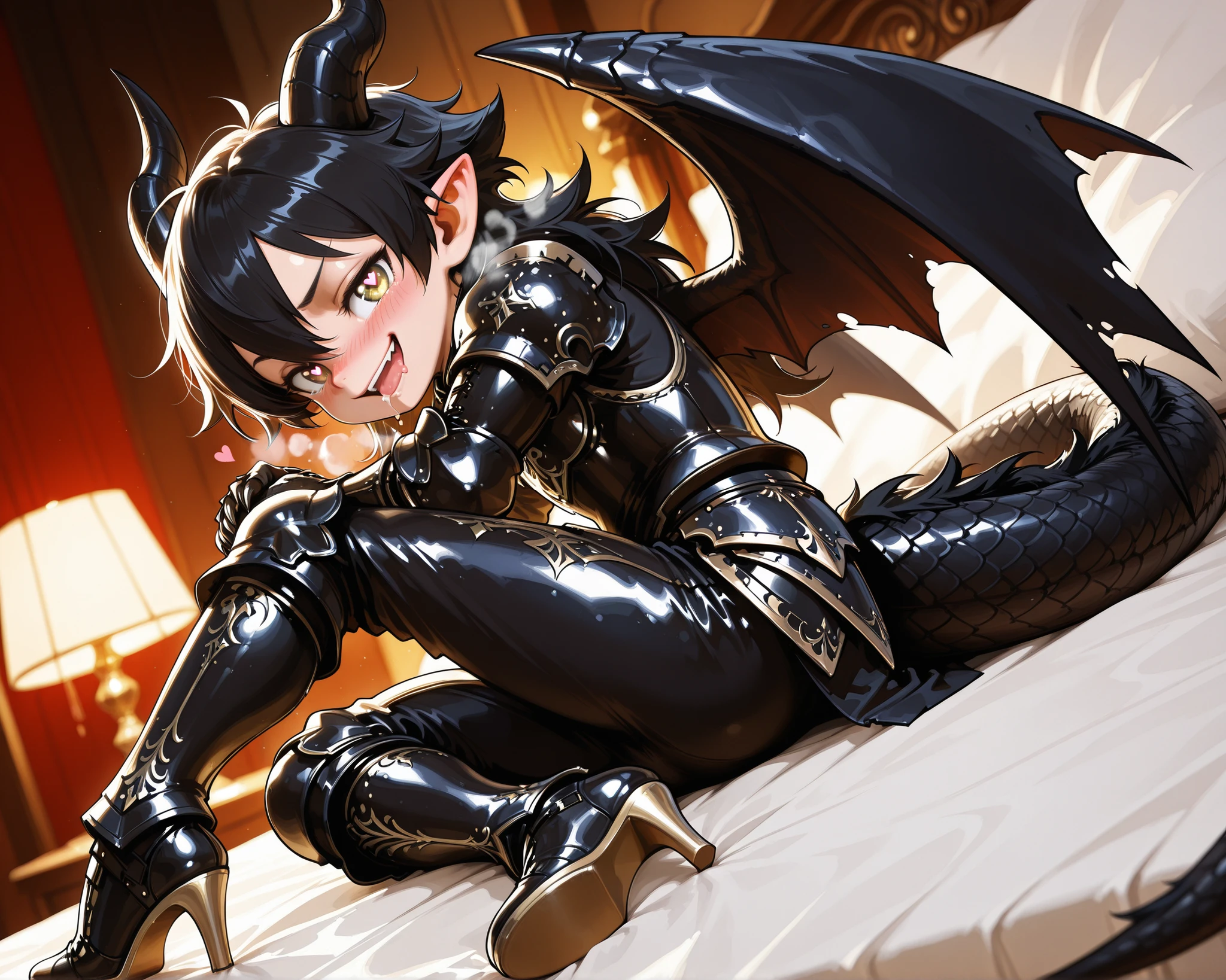 score_9, score_8_up, score_7_up, absurdres, (((128K Ultra High Resolution))), (masterpiece, best quality: 1. 5), (high definition: 1. 4), (highres), 8K wallpaper, (excellent graphics: 1. 5), CG, (((Japanese Anime style))), (chibi, super cute, super deformed: 1. 5), (SD character, shortstack, 2-head-tall: 1. 5), (tiny body, big round head, short limbs, round face: 1. 5), 1 boy\(very small kid), (solo), weredragon, glossy black, shiny black leather, (((beautiful golden eyes, finely detailed eyes, bright eyes, heart symbol eyes))), (hair between eyes, black hair, long hair, sideburns, wild hair), (((sadistic smile, naughty face, open mouth, drool))), ((ultra detailed face)), (((blushing, heavy breathing))), shiny skin, long pointy ears, twisted torso, sculpted face, wasp waist, dragon horn, dragon tail, dragon wings, dragon sharp claws, (black armor with a lot of grandiose decorations: 1. 5), half dragon half human, (on a luxurious bed, lying in bed, bed waiting for you: 1. 5), (looking straight into the camera, dutch angle, fetal pose: 1. 5), (ultra detailed black armor, well-polished black armor: 1. 5), (gold-adorned armor: 1. 5), all black outfit, full body, sharp focus, good-looking man, (best illustration, highly detailed artwork: 1. 5), (((cinematic))), (intricate detail, extreme detailed, super detailed: 1. 5), (stark contrast, heavy shadows: 1. 3), detailed black decorations, beautiful & aesthetic, (from side), (mysteriously crafted black metal armor: 1. 5), thick & luxuriant hair, (ultra detailed fantasy black armor, wonderful black armor: 1. 5), (realistic metal texture), (extremely delicate & beautiful armor, elaborate armor details: 1. 5), (giant black armor, dark armor, stylized armor: 1, 5), (((armor-type high heels))), (extremely detailed armor with intricate engravings, intricate armor with gold ornaments: 1. 5), (((very gorgeous and dazzling))), (dark fantasy black knight: 1. 5), (Hyper Detailed & Perfectly Designed Black Armor: 1. 5), (luxury bedroom)
