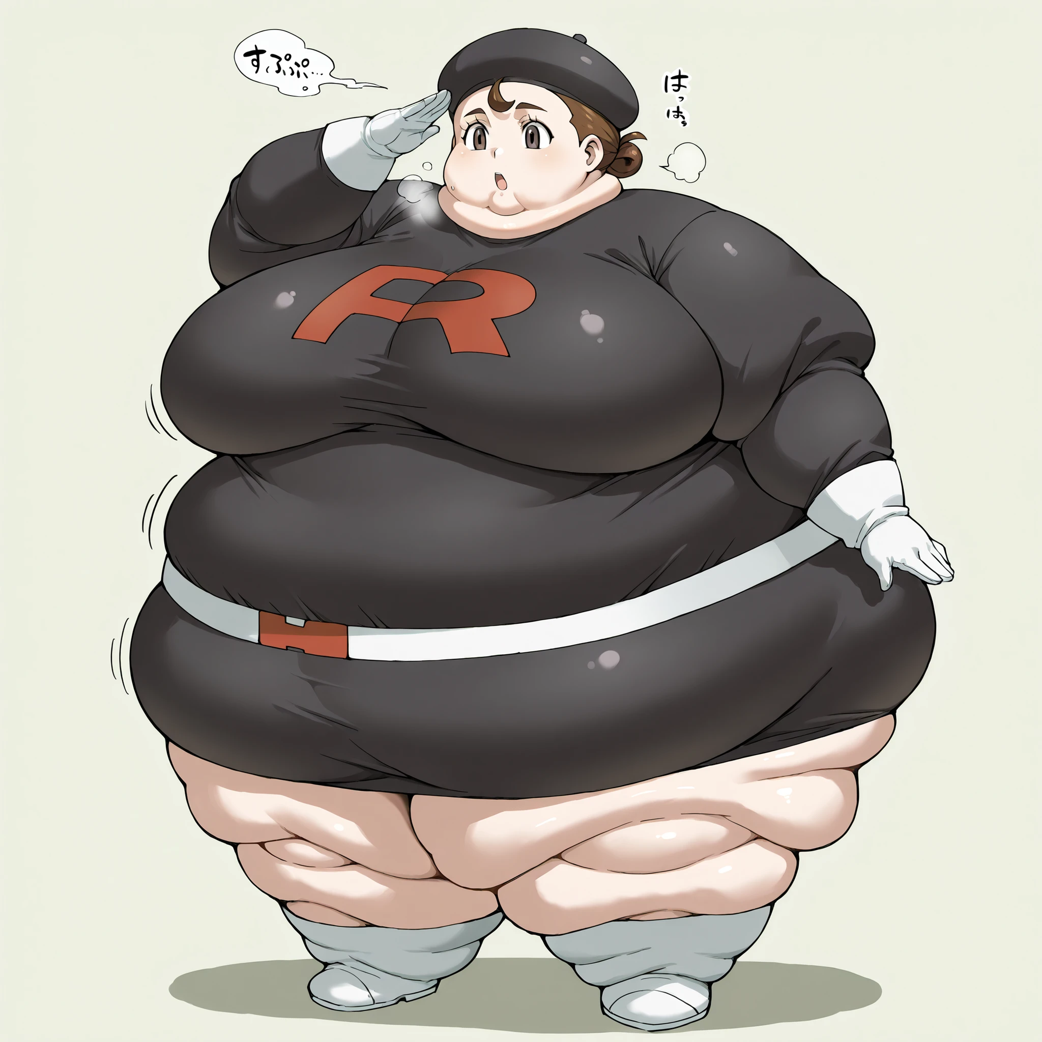 1girl, verity, very short hair, top knot, brown eyes,  team rocket uniform, black hat, black shirt, black skirt, white belt, white gloves, single letter,, fat, chubby, obese, fat neck, multiple chins, big breasts open mouth, out of breath, Larger female, full body shot, salute 