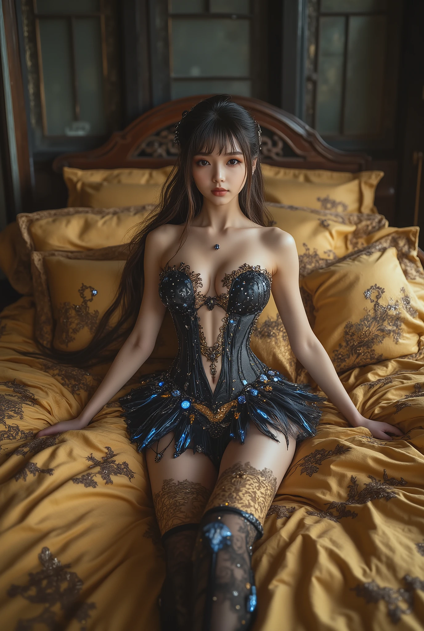 Long-distance photography, overhead photography, full-body photography, masterpiece, semi-realistic. A 17-year-old Asian woman with a cute appearance, wearing Douyin-style makeup with rosy cheeks, and long eyelashes, with a tall, oily body, slender, small belly, wide waist, and long, muscular legs, and giant . She lies helplessly with spreading legs on a luxurious gold bed in a spacious room, wearing a strapless corset with a deep cleavage to her navel, shaped by black diamonds that emphasize her striking avant-garde body with intricate details, with a pleated miniskirt and nylon stockings with high gold lace, she also wears high-heeled stilettos with straps, reminiscent of Gothic or fantasy style. The work features intricate details, including sparkling blue gemstones and feather-like textures and flashes of blue light that adorn the tight corset, giving it an elegant and graceful feel. The shiny paint on the corset adds a sense of fantasy, while her long dark hair flows in waves over her shoulders, enhancing the dramatic effect. the background suggests classical elegance. The architectural layout, likely a historic or Asian-style building with large windows and decorative details, evokes grandeur and old-world charm. The overall atmosphere is luxurious and mysterious, enhanced by the combination of timeless textures and the quality of the surroundings.