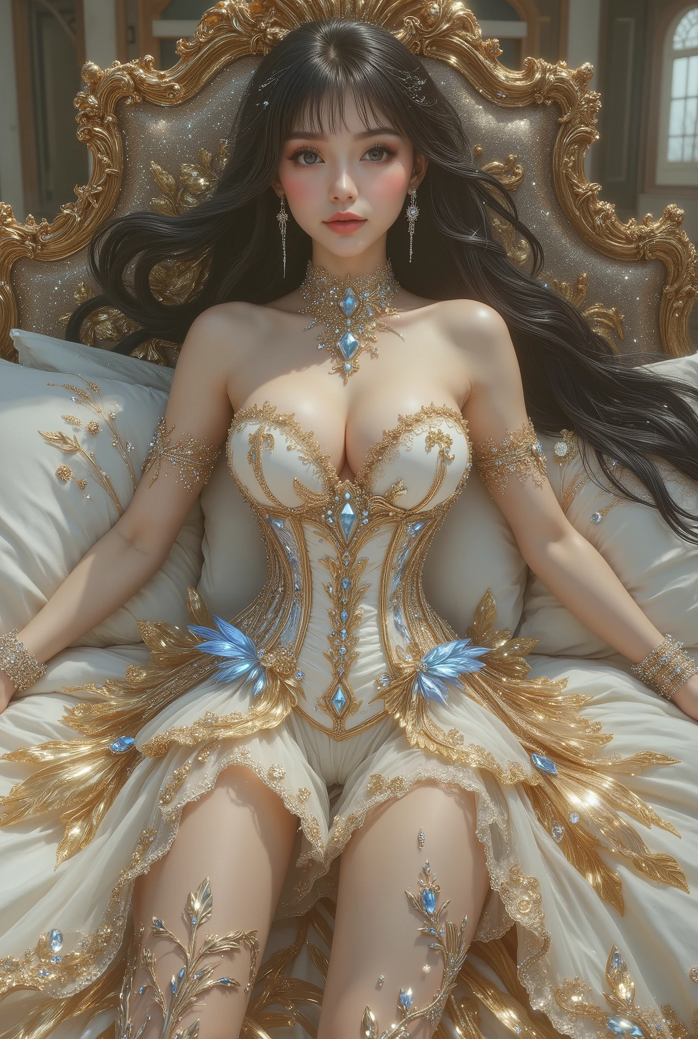 Long-distance photography, overhead photography, full-body photography, masterpiece, semi-realistic. A 17-year-old Asian woman with a cute appearance, wearing Douyin-style makeup with rosy cheeks, and long eyelashes, with a tall, oily body, slender, small belly, wide waist, and long, sexy muscular legs, and giant breasts. She lies helplessly with spreading legs on a luxurious gold bed in a spacious room, wearing a strapless corset with a deep cleavage to her navel, shaped by black diamonds that emphasize her striking avant-garde body with intricate details, with a pleated miniskirt and nylon stockings with sexy high gold lace, she also wears high-heeled stilettos with straps, reminiscent of Gothic or fantasy style. The work features intricate details, including sparkling blue gemstones and feather-like textures and flashes of blue light that adorn the tight corset, giving it an elegant and graceful feel. The shiny paint on the corset adds a sense of fantasy, while her long dark hair flows in waves over her shoulders, enhancing the dramatic effect. the background suggests classical elegance. The architectural layout, likely a historic or Asian-style building with large windows and decorative details, evokes grandeur and old-world charm. The overall atmosphere is luxurious and mysterious, enhanced by the combination of timeless textures and the quality of the surroundings.