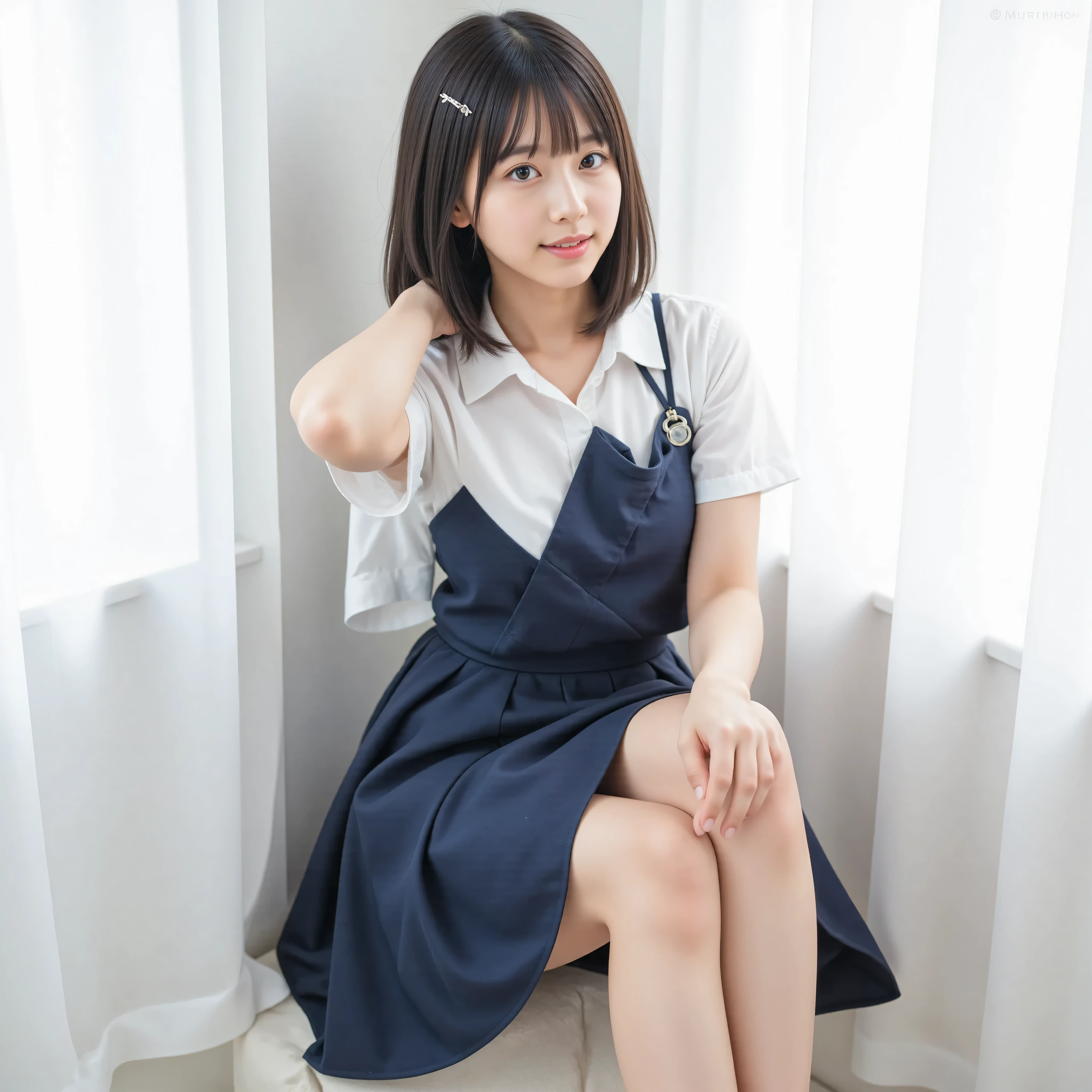 Thick lips、 dark hair、 big eyes、 straight medium long hair 、  Her left bangs are fastened with a silver hairpin,live-action 、authentic、 upper body、solo、   Tanned Japanese Girls、 high school students、( Dangerous Emoji   )、  very tanned skin  、 beautiful pink lips、 sparkling, please show me the price .、dress shirt、 outdoors 、 navy blue knee-length mini skirt 、 barefoot and dark brown loafers 、 Leaning back and looking up 、  smiling with crescent-shaped eyes 、 white background