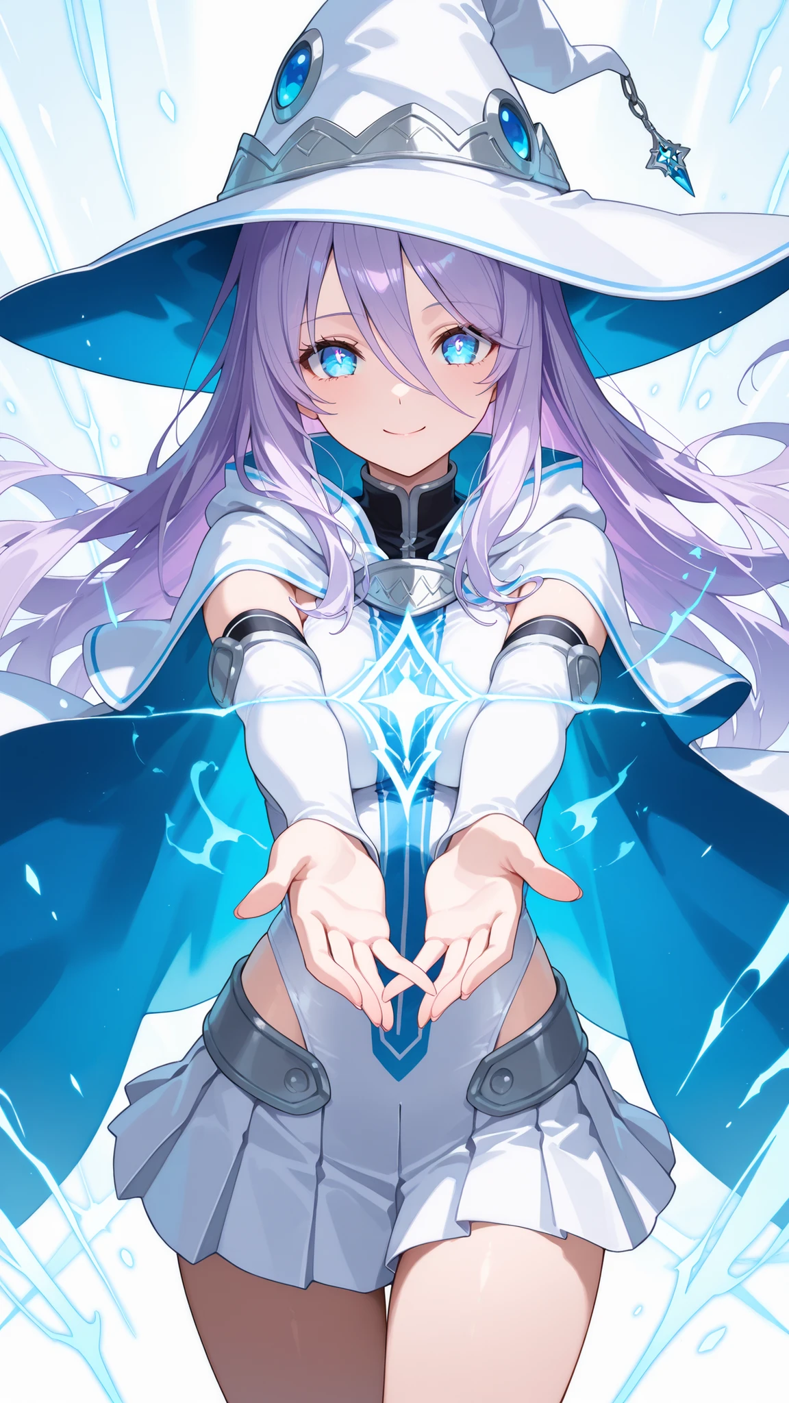 masterpiece,best quality,highre,ultra-detailed,detailed illustration,source_anime,1girl,solo,slender,Shizuru,purple hair, long hair,blue eyes,Enchanting Eyes,highly detailed eyes,hair between eyes,white wizard,wizard hat,cape,detached tight sleeves,pleated miniskirt,smile,looking at viewer,casting spell,holy light, radiant aura, beam of light