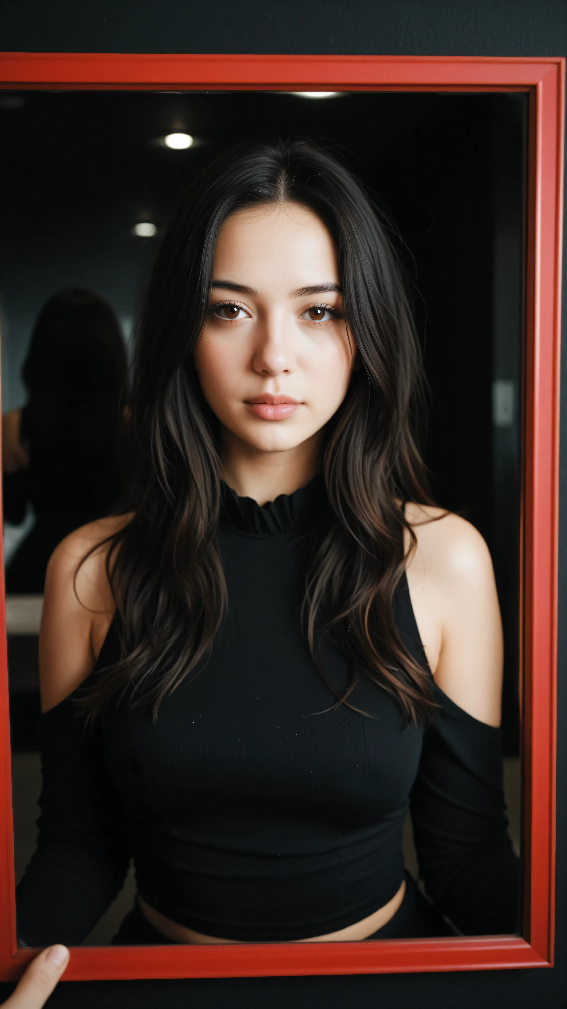 masterpiece, Highest quality, beautiful black-haired girl with brown eyes and shoulder-length hair, her hair has red reflections, She has a black blouse, black background of the photo 