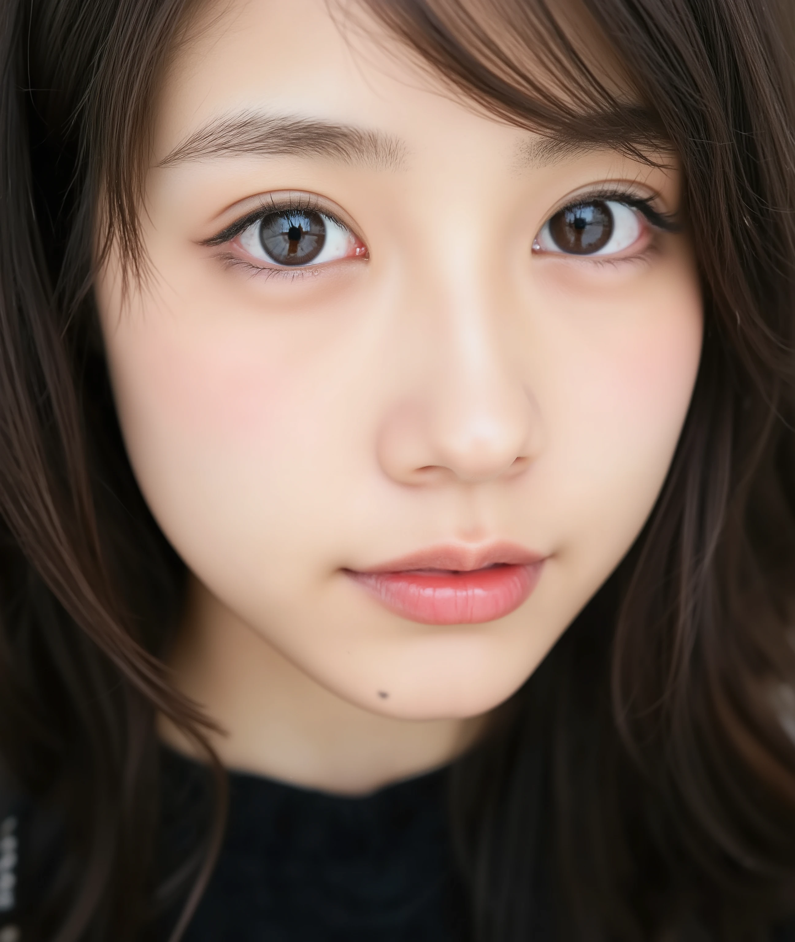 The image is a close-up photograph of a young Asian woman with a fair complexion. Her face dominates the frame, occupying the majority of the image, with her eyes, nose, and lips prominently visible. She has large, almond-shaped eyes with long, thick eyelashes, and her skin is smooth and soft. Her lips are full and slightly parted, revealing a natural, rosy hue. She wears a small silver stud earring in her left ear, adding a subtle touch of personal style.
Her hair is long, dark brown with subtle highlights, and it partially covers her forehead, giving a slightly tousled, casual look. The background is out of focus, but it appears to be a dark, possibly indoor setting, which emphasizes her face and provides a stark contrast to her light complexion. She is wearing a black garment, possibly a top or a sleeve, which is visible at the bottom of the image. The overall mood of the photograph is intimate and personal, capturing a candid moment with a natural, unfiltered aesthetic.