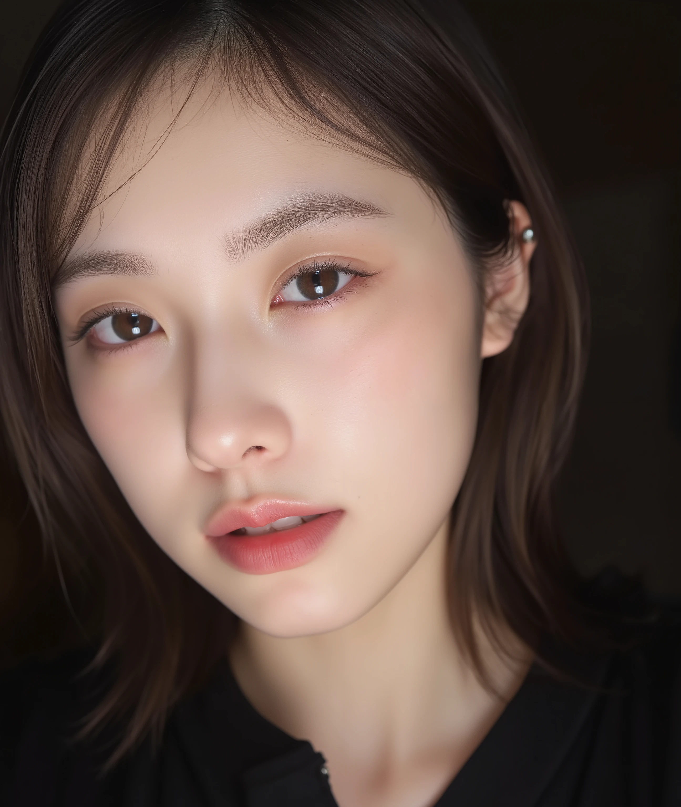 The image is a close-up photograph of a young Asian woman with a fair complexion. Her face dominates the frame, occupying the majority of the image, with her eyes, nose, and lips prominently visible. She has large, almond-shaped eyes with long, thick eyelashes, and her skin is smooth and soft. Her lips are full and slightly parted, revealing a natural, rosy hue. She wears a small silver stud earring in her left ear, adding a subtle touch of personal style.
Her hair is long, dark brown with subtle highlights, and it partially covers her forehead, giving a slightly tousled, casual look. The background is out of focus, but it appears to be a dark, possibly indoor setting, which emphasizes her face and provides a stark contrast to her light complexion. She is wearing a black garment, possibly a top or a sleeve, which is visible at the bottom of the image. The overall mood of the photograph is intimate and personal, capturing a candid moment with a natural, unfiltered aesthetic.