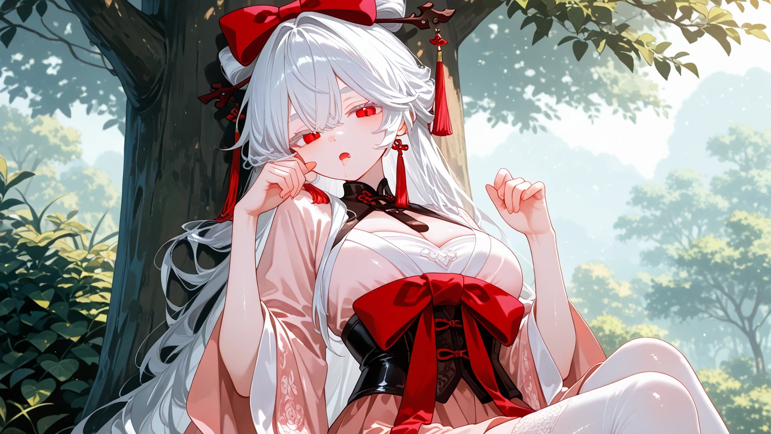 Su Daji, a female, sharp eyes, cold eyes, serious, slender eyes, European eyes, deep, ancient Chinese clothing, full body, sunlight, clear face, clean white background, masterpiece, super detail, epic composition, ultra hd, high quality, extremely detailed, official art, uniform 8k wallpaper, super detail, an extremely delicate beautiful girl, 8k wallpaper, best quality, full body close-up, white long dress, luxurious silky bright red chiffon flood (illusion, glitter, ultra-thin, soft, Hanfu,