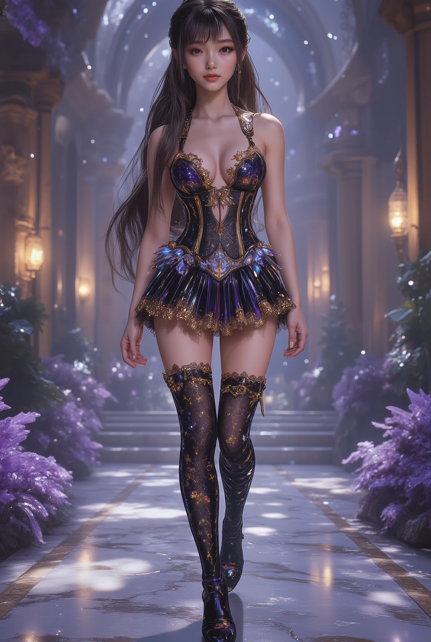 Long shot, full body foto, hyper detail, hyper detail clothing texture, 17 year old young Asian girl with cute face with a sweet appearance and fair skin, a tall, oily body, a slim and small stomach, a wide waist, long and sexy muscular legs, and large breasts. wearing a V-cut strapless corset with galaxy motif a deep cleavage that shows her navel, shaped by very tight and black diamonds with intricate details, a pleated miniskirt and nylon stockings with sexy high gold lace with galaxy motif, she also wears high-heeled stilettos with straps, reminiscent of fantasy style. This work features intricate details, including sparkling blue gemstones and feather-like textures and flashes of blue light that adorn the tight corset, The shiny paint on the corset adds a sense of fantasy, while her long black hair flows in waves over her shoulders, walking in A grand fantasy hall with a wide marble staircase, glowing purple crystals, flowering magical plants, and towering classical columns. Soft mist drifts through the scene, lit by golden chandeliers. The color palette blends purples, silvers, and whites, creating an ethereal, elegant atmosphere beneath a starry sky.