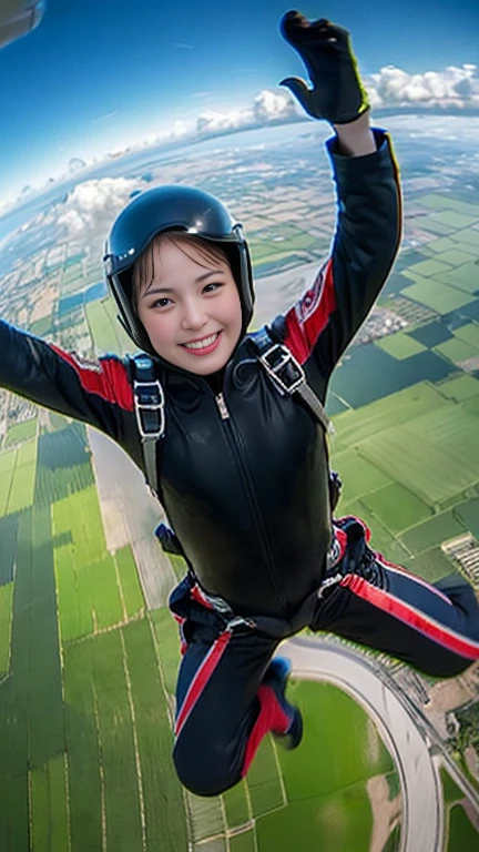 Highest quality, beautiful, Japanese women,Long brown hair,18-year-old, (thin), (Small breasts), Full Body Shot,Normal sized hands,Her face looks like a Japanese idol,Legs are slightly long thighs,Height: 160cm,Laughter,Pause,A spectacular panorama of skydiving,(Overhead Shot:1.3),Flying in a diving suit,Fall downwards、Equipped with a parachute、Looking down at the viewer, facing the ground、