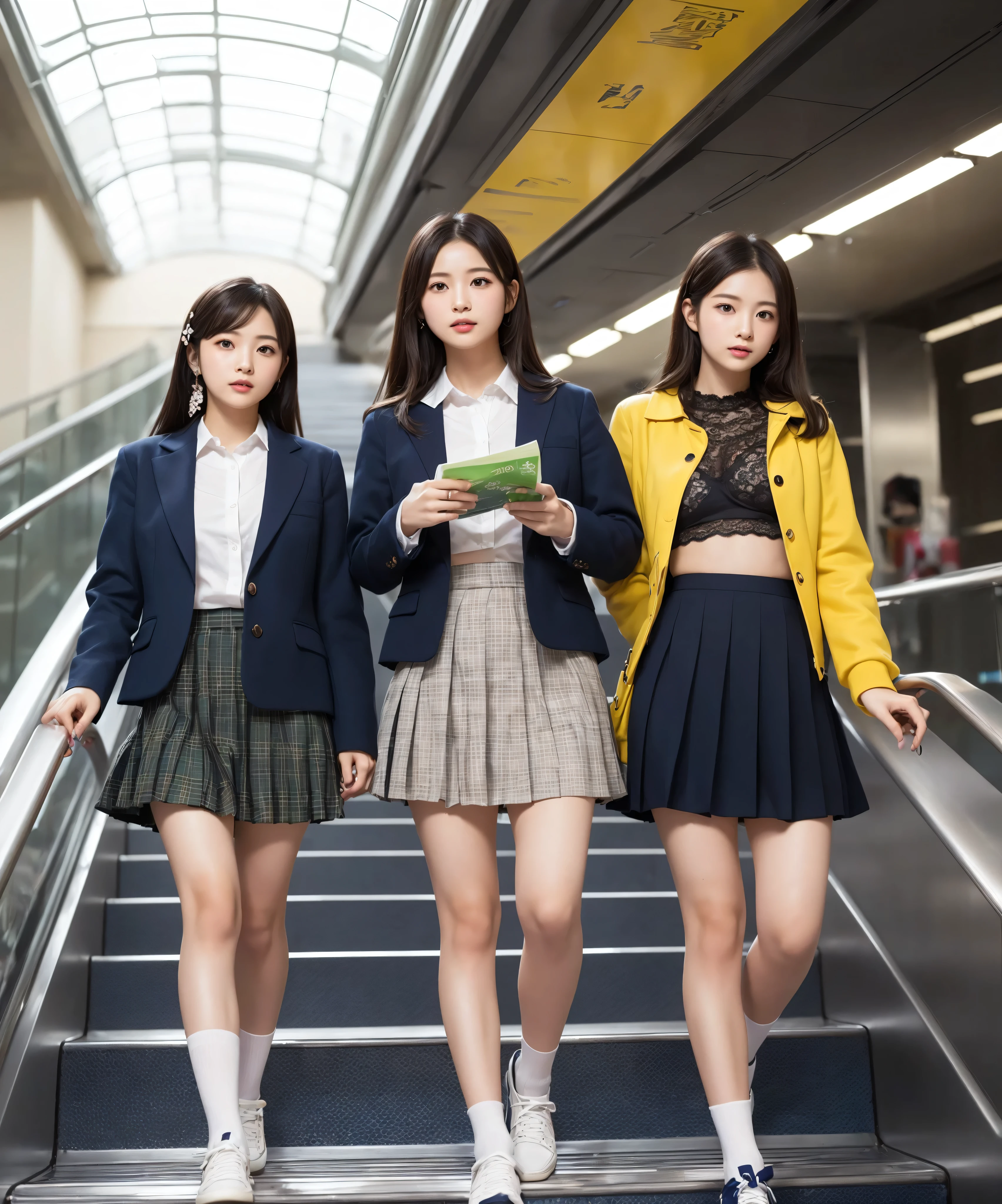 ( flat chest:1.4),( slim figure visible to the navel),6 heads,A,Adolescent girl,anatomically perfect,(Apple cheeks),(Caucasian eyes),(elementary school student is riding an escalator on the way to school)、 glare、(collared jacket, Navy Blue, linen),Increase saturation,slender,Realistic,straight nose,blond hair,(dark brown leather shoes)、,Gant ,High Quality,inseam length is half of height,masterpiece,(Natural eyebrows),(Navy Blue Ankle socks)、(White Lace Panties:1.),white skinned person with perfect figure,(pleated micro mini skirt that only hides areolas, Green Tartan Print),(tight waist:1.2),height 135 cm,ultra high definition,super real,cute idol,(slender thighs:1.2),(Slender Hips:1.2),(blue eyes),model style body,(Long Legs:1,4),(from below:1.4),(look down, Viewers watch :1.4),subjective shot,(big eyes),(from behind:1.4),(thin legs:1.4),(legs long:1.4),(Shot from between legs:1.4),(close up shot of socks:1.4)