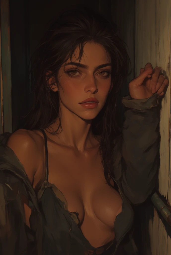 (((ultra realistic))) Photo, masterpiece, top quality, (pale skin), (Ultra detailed face and eyes:1.3), 1 girl, Adult, ????, (Eye makeup, mascara) , ((large detailed lips)), ((Dark wavy hair)), ((Chyolka)) , ((Natural ???????)). ((Posing)), photoshoot, studio (soft lighting), (The play of light and shadows), depth of field, bokeh, (special attention to skin detail: 1.2), (Dark atmosphere of the frame, Dark color scheme), ((mid shot, close to the camera top view)) , ultra detialed, visible ???????, mid shot. Visible ???????, athletic body, thigh gap, she is smiling, ????, confident, ???????, ??????????, ????