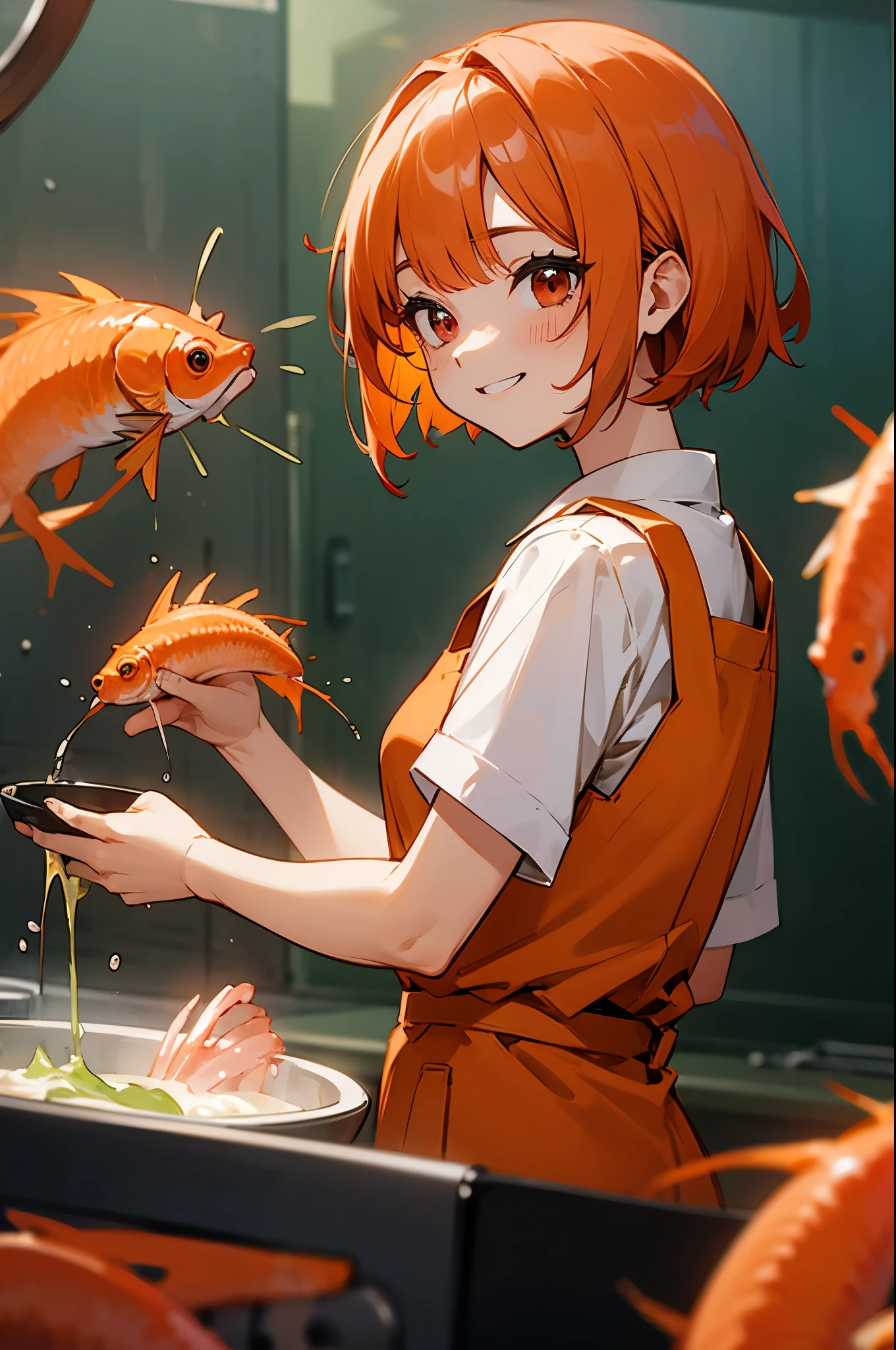 one woman、solo、orange hair、bob hair、round red eyes、big smiles、Cooking in the kitchen、From the side、Orange Clothes、black inner shirt、Upper Body Closeup、There are many shrimp families around her
