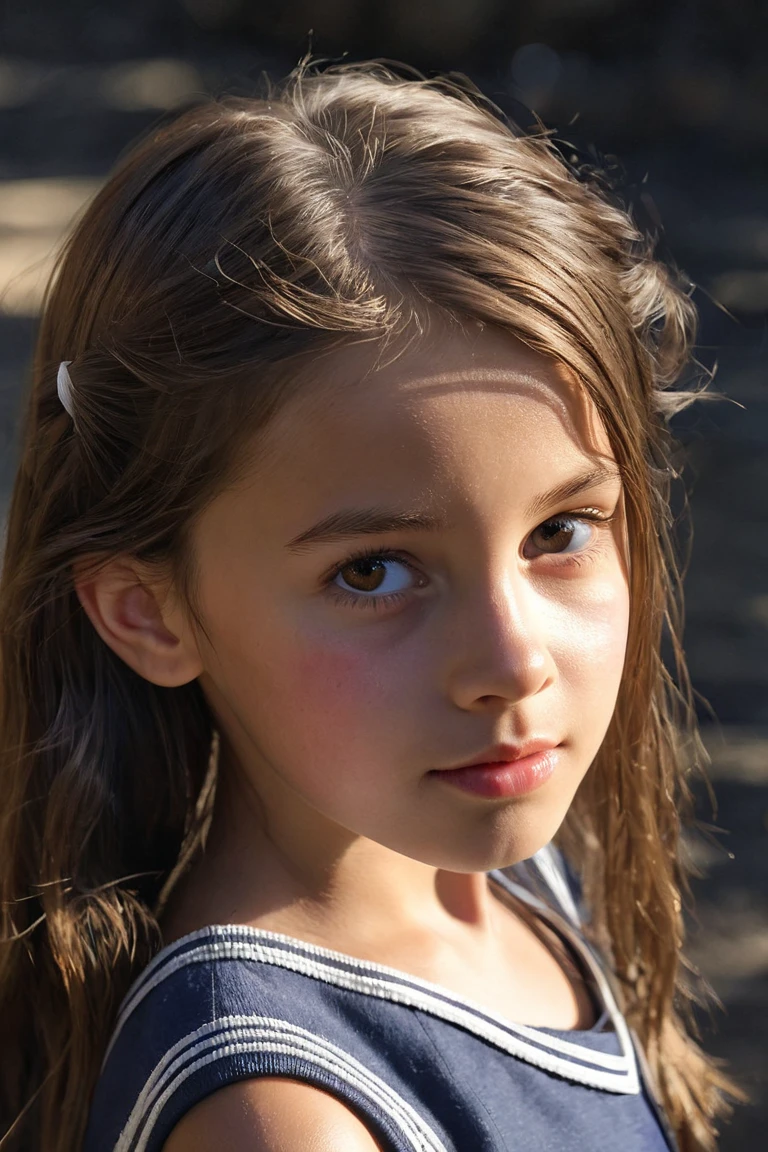 "Retrato de corpo inteiro de uma encantadora menina de 7 anos com cabelo crespo cor de feno, um look estilo de cabelo do final dos anos 80, sardas pequenas, beautiful face, cativantes olhos azuis escuros, e tamanho modesto do busto, mostrando sua beleza natural."