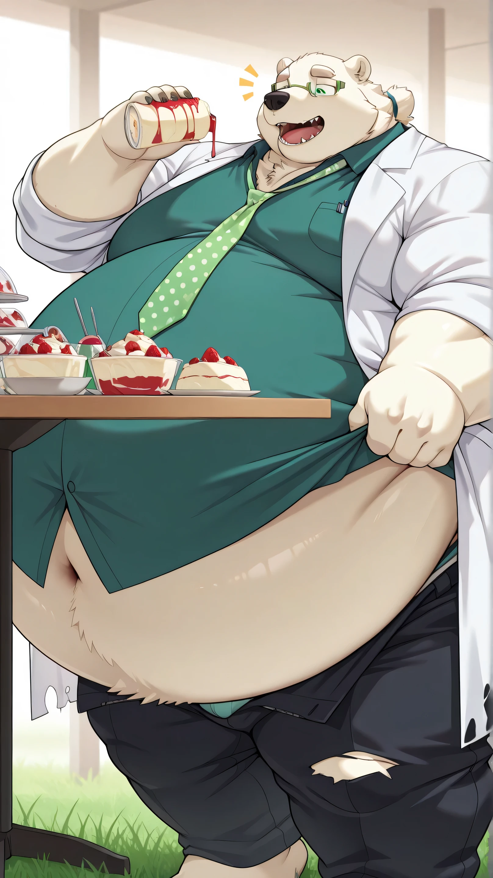 masterpiece,((no text)),best quality, amazing quality, 1boy, solo, leib,green glasses, polar bear muscular male,by lucusold,fat,Morbidly-Obese, obese, hyper belly:1.5, hyper Belly inflation,hyper belly overhang to knee,Torn clothes,(Lab coat, grass green neck tie,opened teal T-shirt, pants ripping), eating massive dessert at a dessert shop,eat and mess,many dity dishes,happy,((detailed eyes)),(feet out of frame), underwear,opened mouth,(different angles shot), hyper bugle,sideshot, table