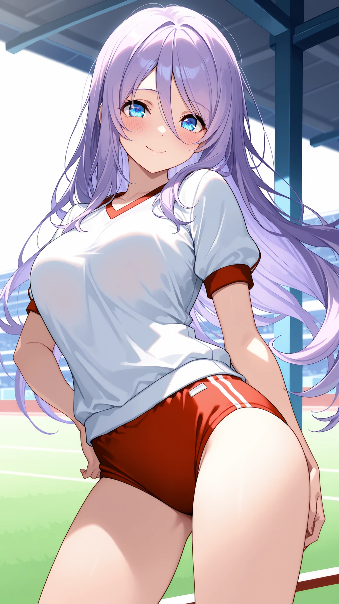 masterpiece,best quality,highre,ultra-detailed,detailed illustration,source_anime,1girl,solo,slender,Shizuru,purple hair, long hair,blue eyes,Enchanting Eyes,highly detailed eyes,hair between eyes,red gym uniform,red buruma,blush,smile,looking at viewer,contrapposto, arched back, hand on hip, legs apart