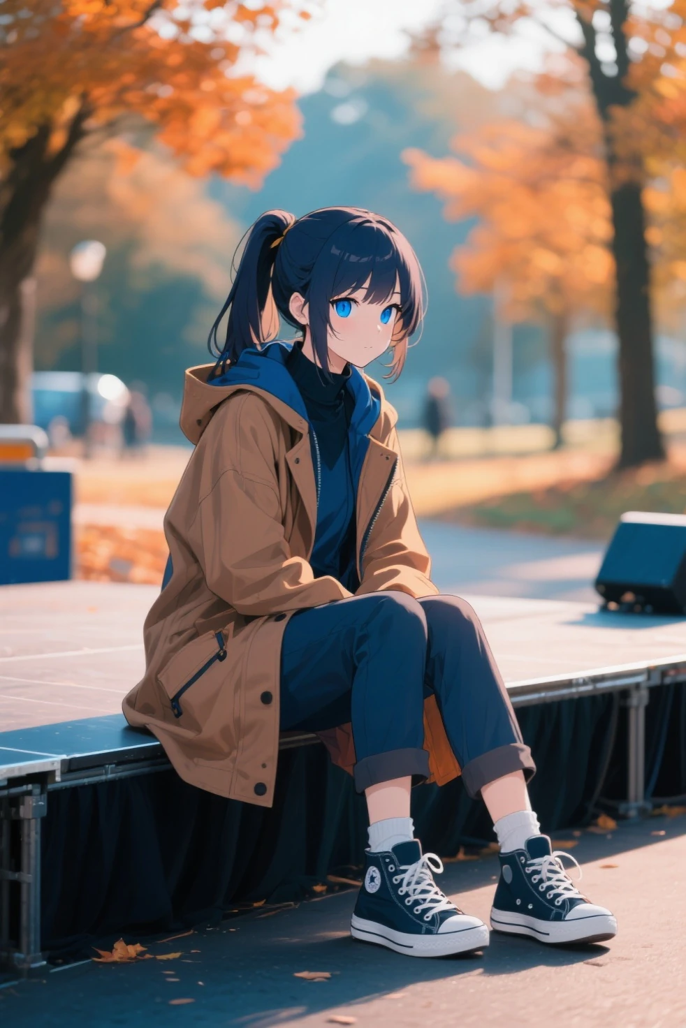 Anime girl sitting on a bench in the rain - SeaArt AI