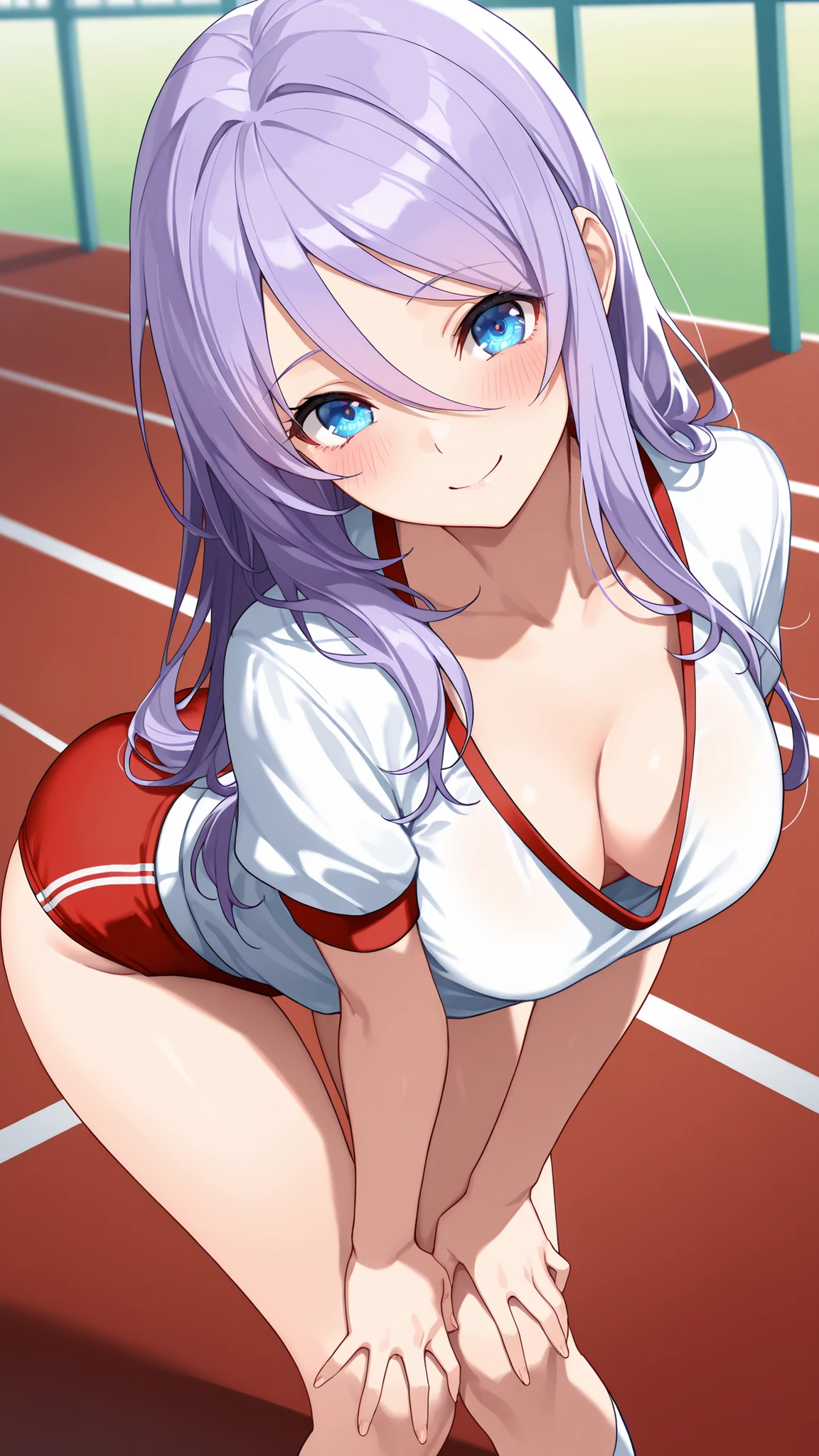 masterpiece,best quality,highre,ultra-detailed,detailed illustration,source_anime,1girl,solo,slender,Shizuru,purple hair, long hair,blue eyes,Enchanting Eyes,highly detailed eyes,hair between eyes,red gym uniform,red buruma,blush,smile,looking at viewer,standing, bent over, arched back, twisted torso, butt out, hands on lap, bent knees slightly,downblouse