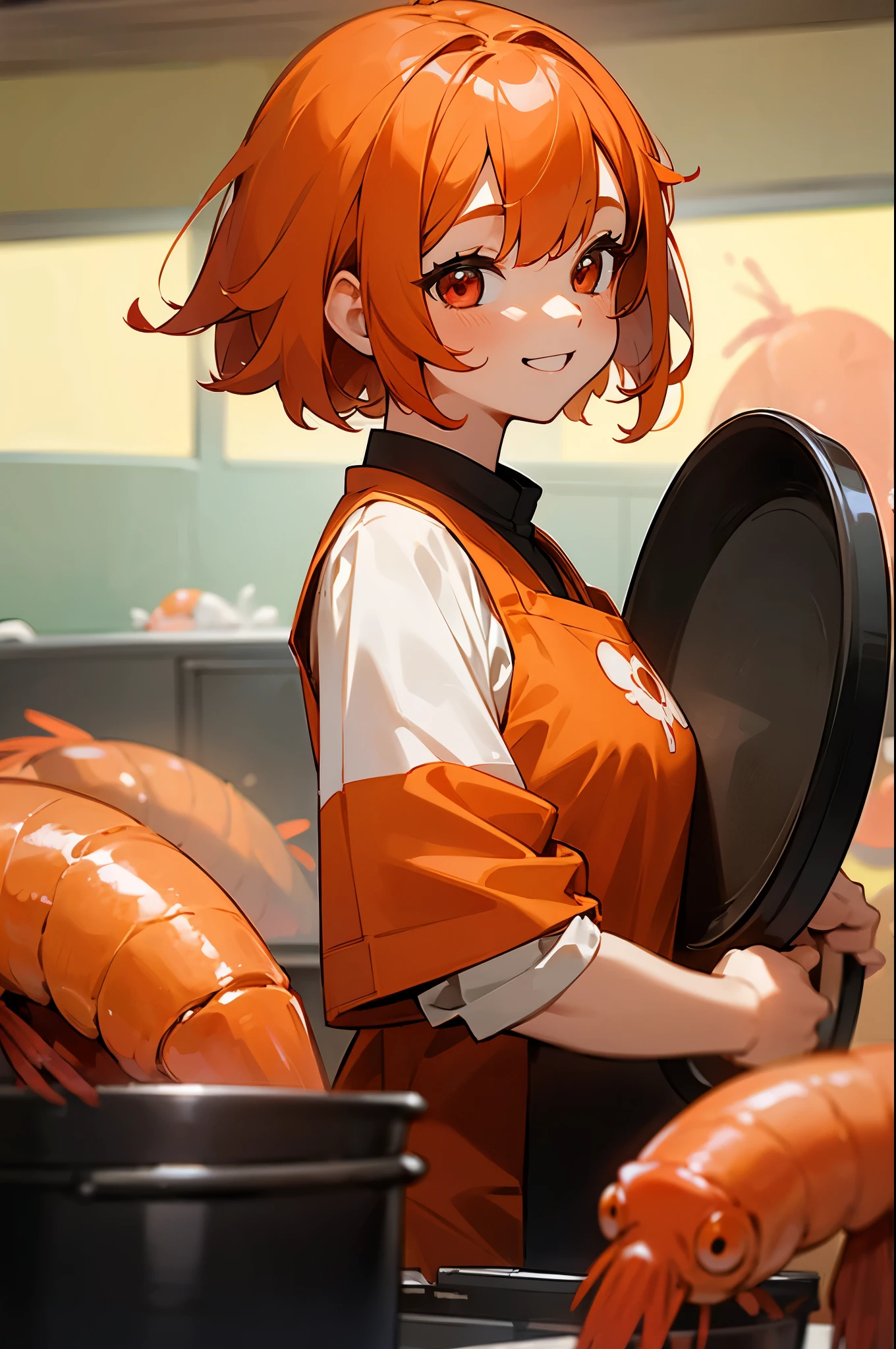 one woman、solo、orange hair、bob hair、round red eyes、big smiles、Cooking in the kitchen、From the side、Orange Clothes、black inner shirt、Upper Body Closeup、There are many shrimp families around her