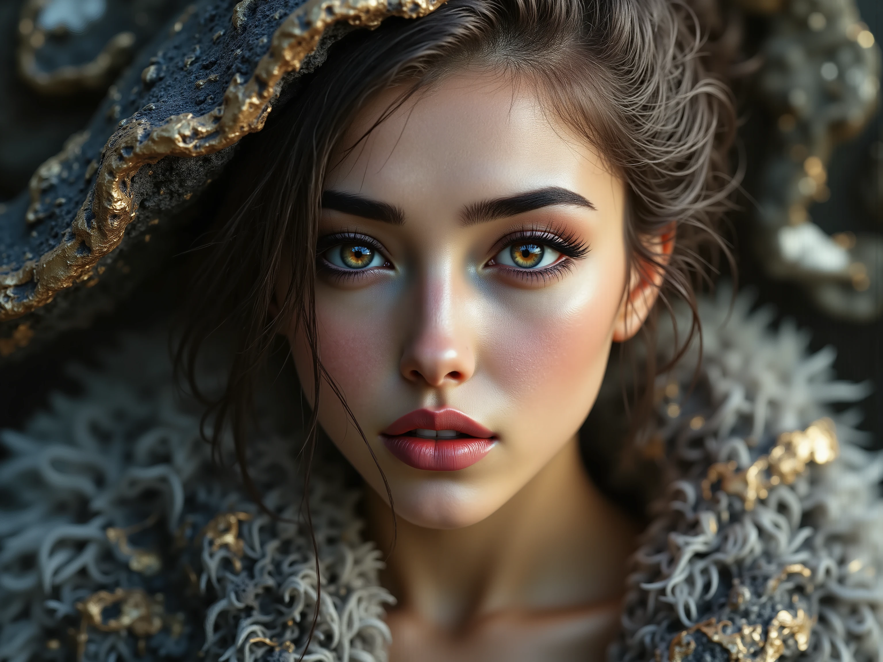  Ultra-realistic (photorealistic Realism) , "UHD, Hyper high resolution" - "(Hyper quality, intricately ultra-detailed digital art)" (Key Directive: - ("The priority is the anatomical accuracy and texture of the materials" - "Ultra-sharp human eyes with biological accuracy")) (realistic texture details: velvety skin, hair), long Lashes: individual synthetic fibers (crosshatched roots:1 . 2 , clump-free separation), { Eyes (acid-resistant terminology) (macro-details:1.5): * Moist corneal surface (visible aqueous layer:1.2) * Hyper-detailed iris (brown with white circle) * Precise limbal ring (slightly darker pigmentation:1.3) * Pupil micro-texture (irregular edge authenticity:0.9) * Vasculature in sclera (subtle blue veins radiating from limbus)}, (Avoid: "pupil distortion , uncanny valley asymmetry , plastic-like wetness"),detailed portrait of a princess wearing a luxurious fur robe over a royal dress, she has a warm smile on her face, lush waterfall in the background, colorful flowers surrounding her, highly detailed, 8k, photorealistic, realistic lighting, professional digital art, dramatic fantasy style, oil painting, vibrant colors, intricate details, h4nd
