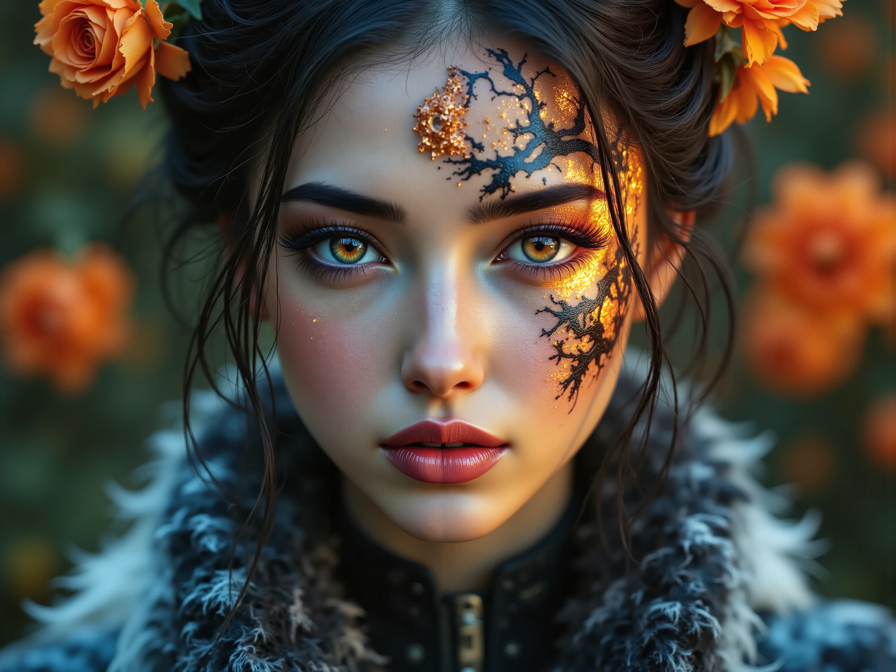  Ultra-realistic (photorealistic Realism) , "UHD, Hyper high resolution" - "(Hyper quality, intricately ultra-detailed digital art)" (Key Directive: - ("The priority is the anatomical accuracy and texture of the materials" - "Ultra-sharp human eyes with biological accuracy")) (realistic texture details: velvety skin, hair), long Lashes: individual synthetic fibers (crosshatched roots:1 . 2 , clump-free separation), { Eyes (acid-resistant terminology) (macro-details:1.5): * Moist corneal surface (visible aqueous layer:1.2) * Hyper-detailed iris (brown with white circle) * Precise limbal ring (slightly darker pigmentation:1.3) * Pupil micro-texture (irregular edge authenticity:0.9) * Vasculature in sclera (subtle blue veins radiating from limbus)}, (Avoid: "pupil distortion , uncanny valley asymmetry , plastic-like wetness"),detailed portrait of a princess wearing a luxurious fur robe over a royal dress, she has a warm smile on her face, lush waterfall in the background, colorful flowers surrounding her, highly detailed, 8k, photorealistic, realistic lighting, professional digital art, dramatic fantasy style, oil painting, vibrant colors, intricate details, h4nd
