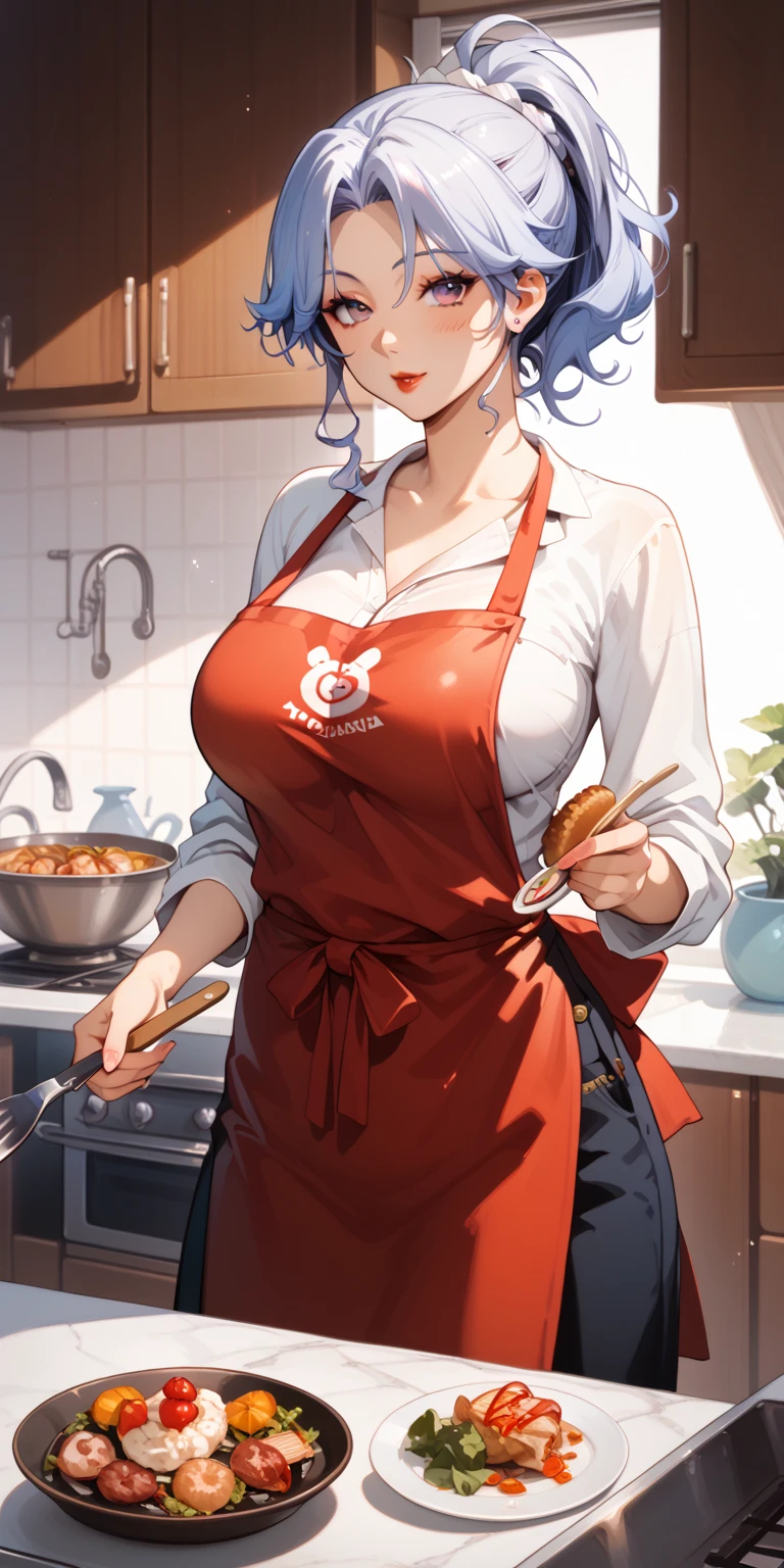 WRC style, Woman,  pose, The appearance of a  appearance, Apron, kitchin, medieval setting、、grill yakiniku、Grilling meat、Flesh