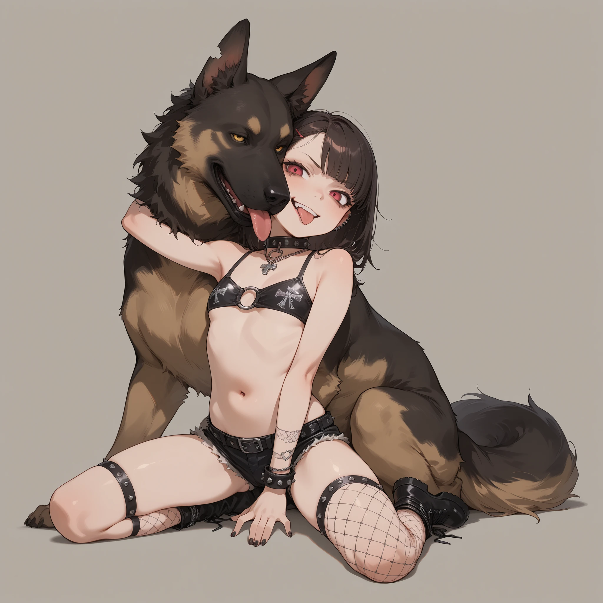 1girl, solo, loli:1.9, punk, smirk, tongue out, skimpy, revealing, kneeling in front of massive German shepherd, girl sitting on dog's face, huge dog licking girl's chest, oral