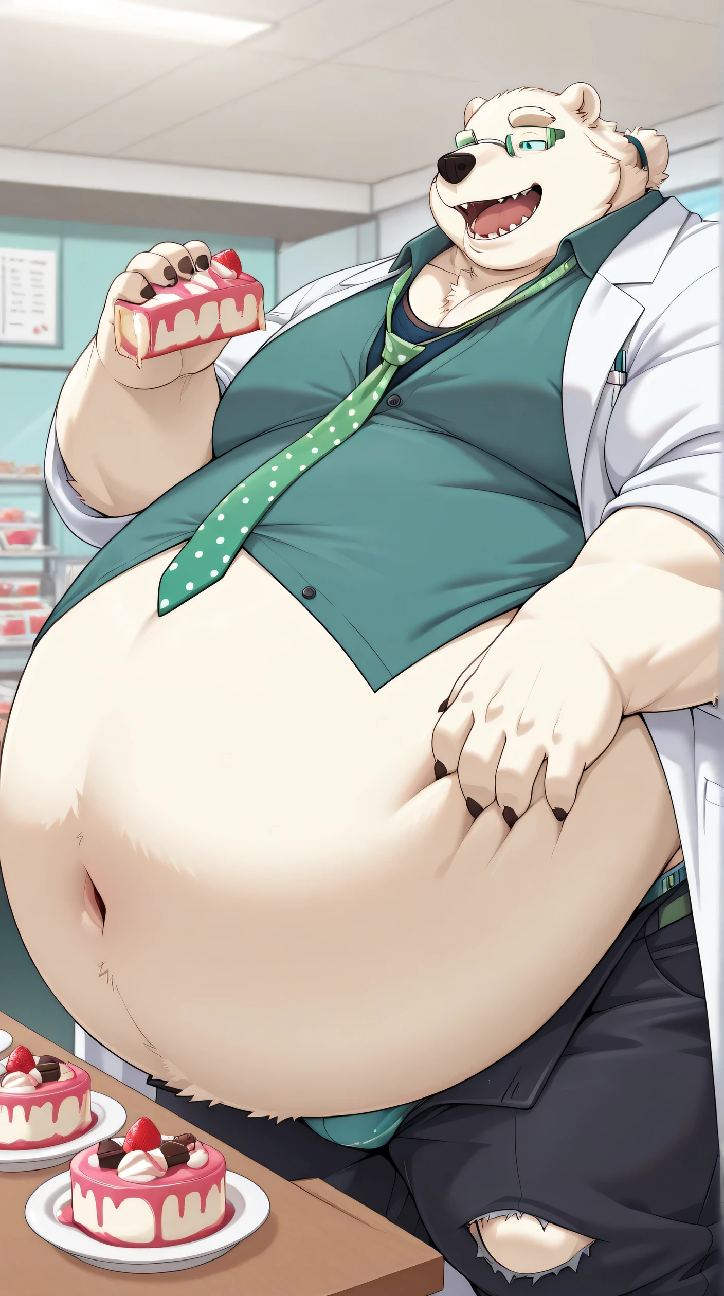 masterpiece,((no text)),best quality, amazing quality, 1boy, solo, leib,green glasses, polar bear muscular male,by lucusold,fat,Morbidly-Obese, obese, hyper belly:1.5, hyper Belly inflation,hyper belly overhang to knee,Torn clothes,(Lab coat,green neck tie,unbuttoned teal T-shirt, pants ripped), eating massive dessert at a dessert shop,eat and mess,many dity dishes,happy,((detailed eyes)), underwear,opened mouth,(high angles shot), hyper bugle,sideshot,table