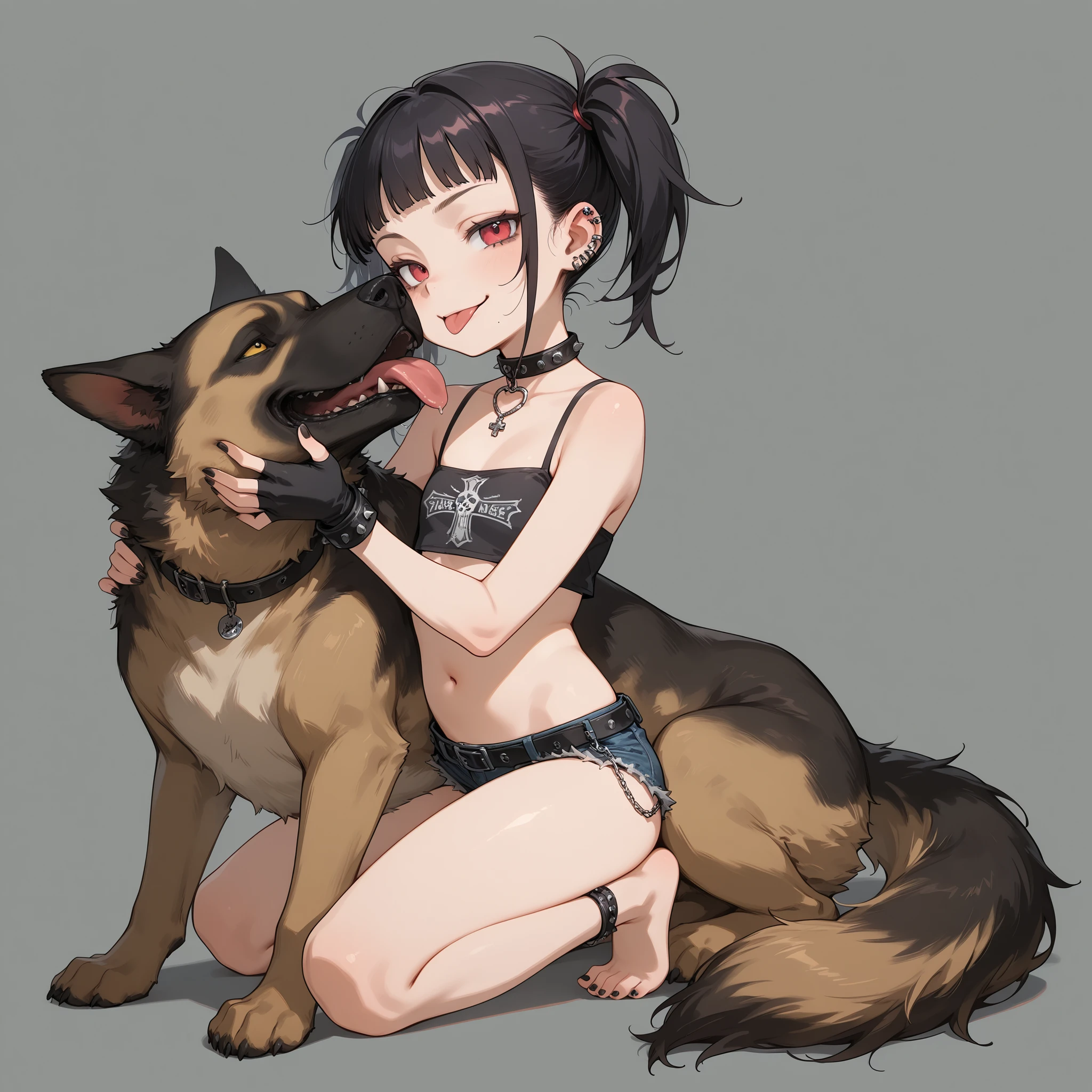 1girl, solo, loli:1.9, punk, smirk, tongue out, skimpy, revealing, kneeling in front of massive German shepherd, girl sitting on dog's face, huge dog licking girl's chest, oral