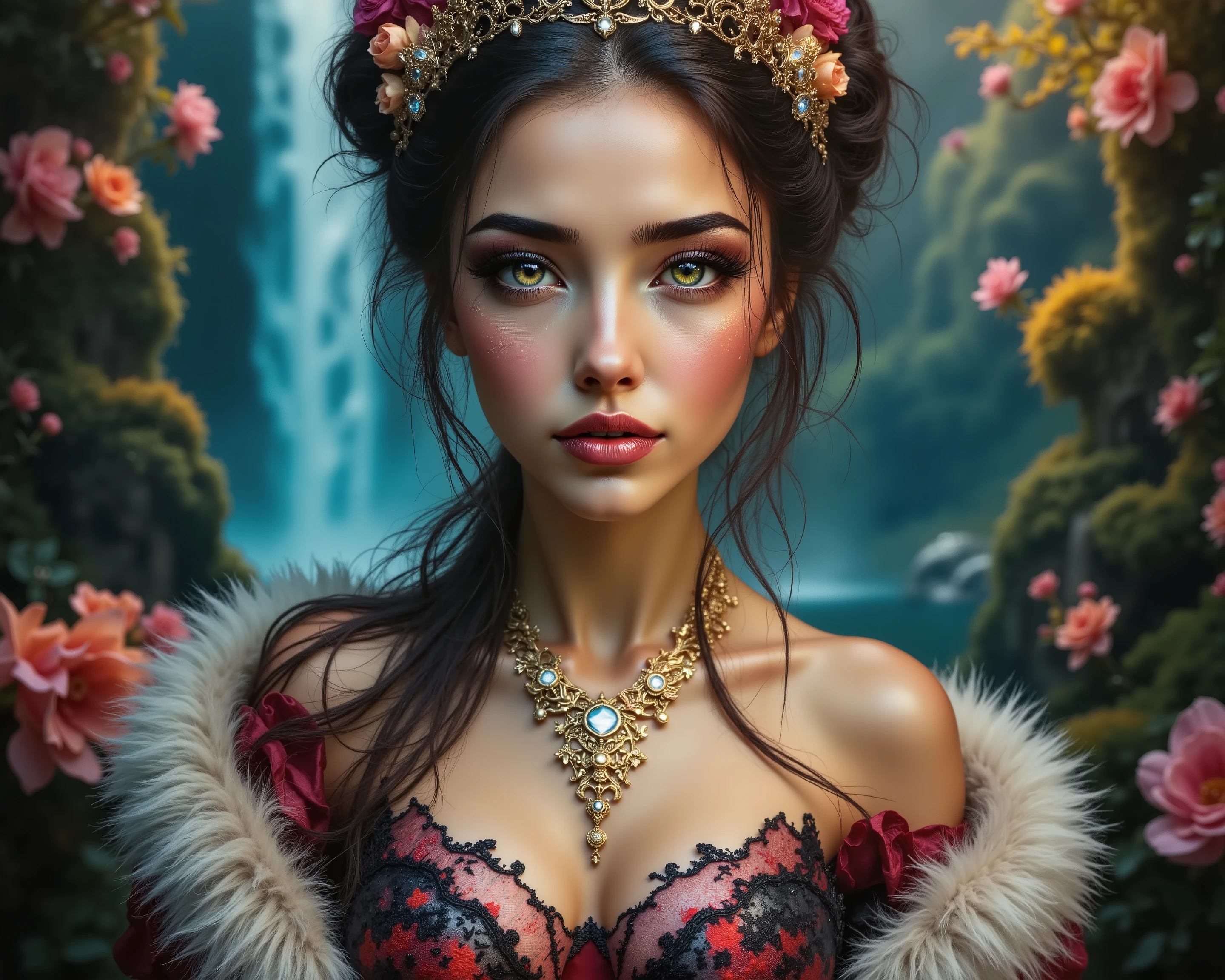  Ultra-realistic (photorealistic Realism) , "UHD, Hyper high resolution" - "(Hyper quality, intricately ultra-detailed digital art)" (Key Directive: - ("The priority is the anatomical accuracy and texture of the materials" - "Ultra-sharp human eyes with biological accuracy") (realistic texture details: velvety skin, hair), long Lashes: individual synthetic fibers (crosshatched roots:1 . 2 , clump-free separation),  Eyes (acid-resistant terminology) (macro-details:1.5): * Moist corneal surface (visible aqueous layer:1.2) * Hyper-detailed iris eyes (green) * Precise limbal ring (slightly darker pigmentation:1.3) * Pupil micro-texture (irregular edge authenticity:0.9) * Vasculature in sclera (subtle blue veins radiating from limbus), (Avoid: "pupil distortion , uncanny valley asymmetry , plastic-like wetness"),detailed portrait of a princess wearing a luxurious fur robe over a royal dress, she has a warm smile on her face, lush waterfall in the background, colorful flowers surrounding her, highly detailed, 8k, photorealistic, realistic lighting, professional digital art, dramatic fantasy style, oil painting, vibrant colors, intricate details, h4nd
