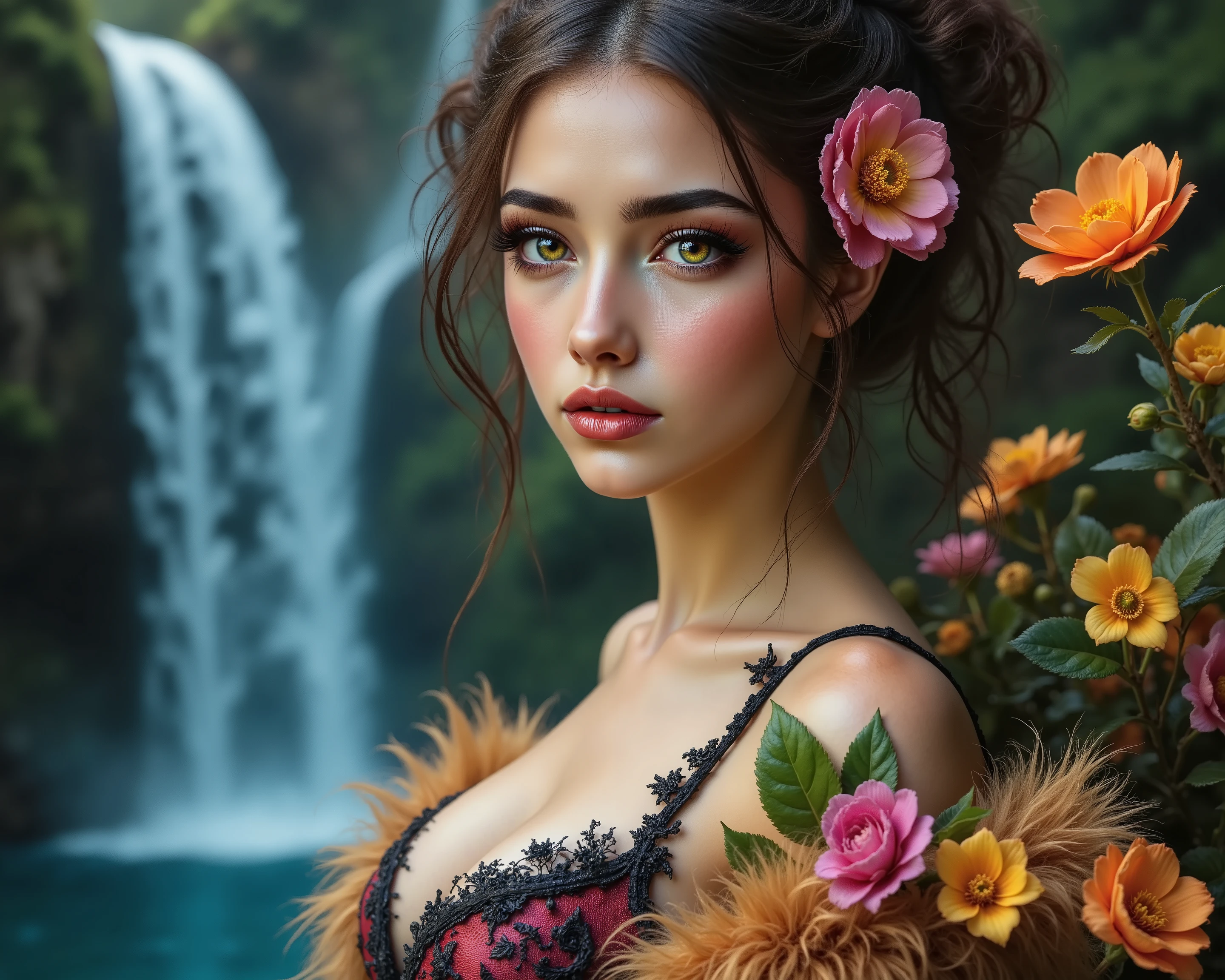 Ultra-realistic (photorealistic Realism) , "UHD, Hyper high resolution" - "(Hyper quality, intricately ultra-detailed digital art)" (Key Directive: - ("The priority is the anatomical accuracy and texture of the materials" - "Ultra-sharp human eyes with biological accuracy") (realistic texture details: velvety skin, hair), long Lashes: individual synthetic fibers (crosshatched roots:1 . 2 , clump-free separation), Eyes (acid-resistant terminology) (macro-details:1.5): * Moist corneal surface (visible aqueous layer:1.2) * Hyper-detailed iris eyes (green) * Precise limbal ring (slightly darker pigmentation:1.3) * Pupil micro-texture (irregular edge authenticity:0.9) * Vasculature in sclera (subtle blue veins radiating from limbus), (Avoid: "pupil distortion , uncanny valley asymmetry , plastic-like wetness"),detailed portrait of a princess wearing a luxurious fur robe over a royal dress, she has a warm smile on her face, lush waterfall in the background, colorful flowers surrounding her, highly detailed, 8k, photorealistic, realistic lighting, professional digital art, dramatic fantasy style, oil painting, vibrant colors, intricate details, h4nd