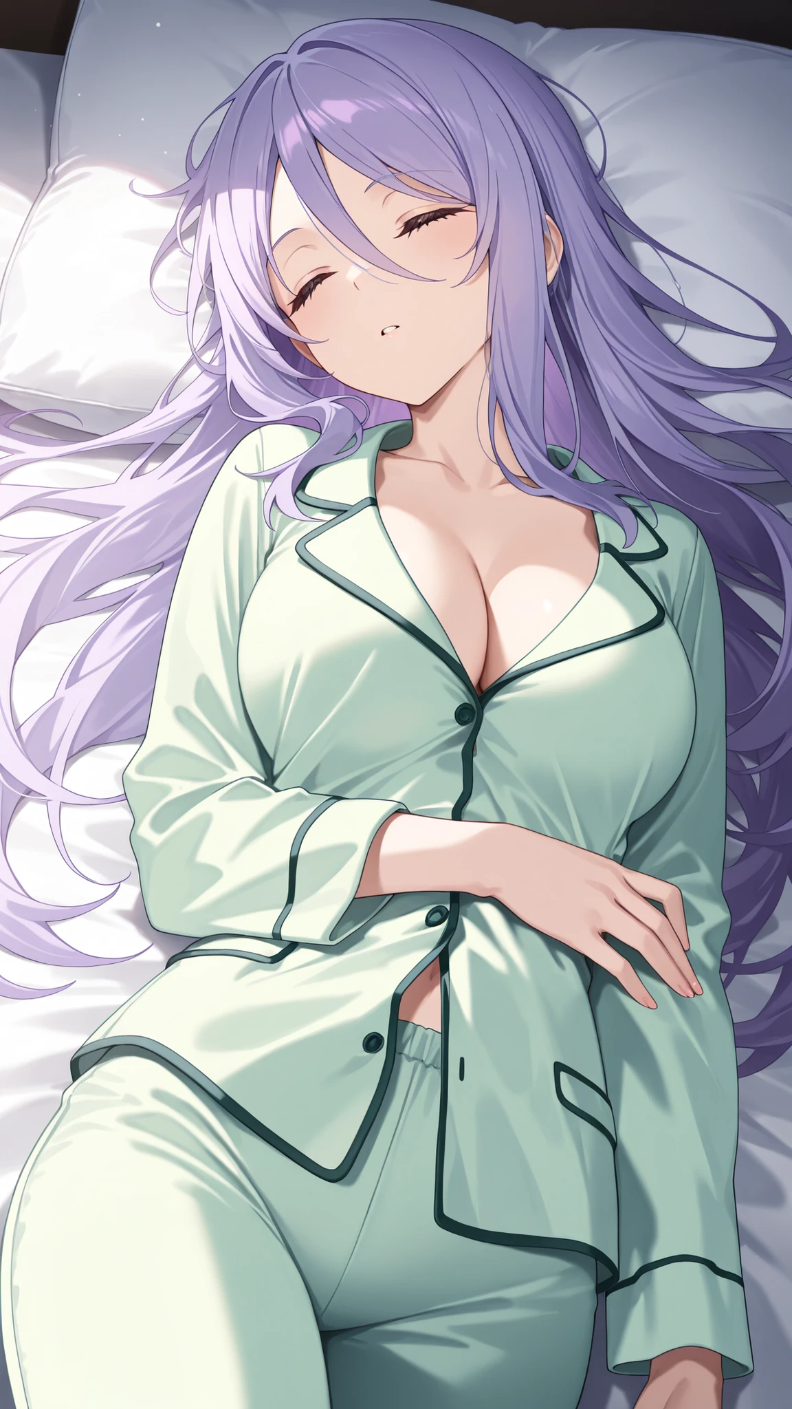 masterpiece,best quality,highre,ultra-detailed,detailed illustration,source_anime,1girl,solo,slender,Shizuru,purple hair, long hair,closed eyes,highly detailed eyes,hair between eyes,light green pajamas,sleeping,cleavage,pants,on back