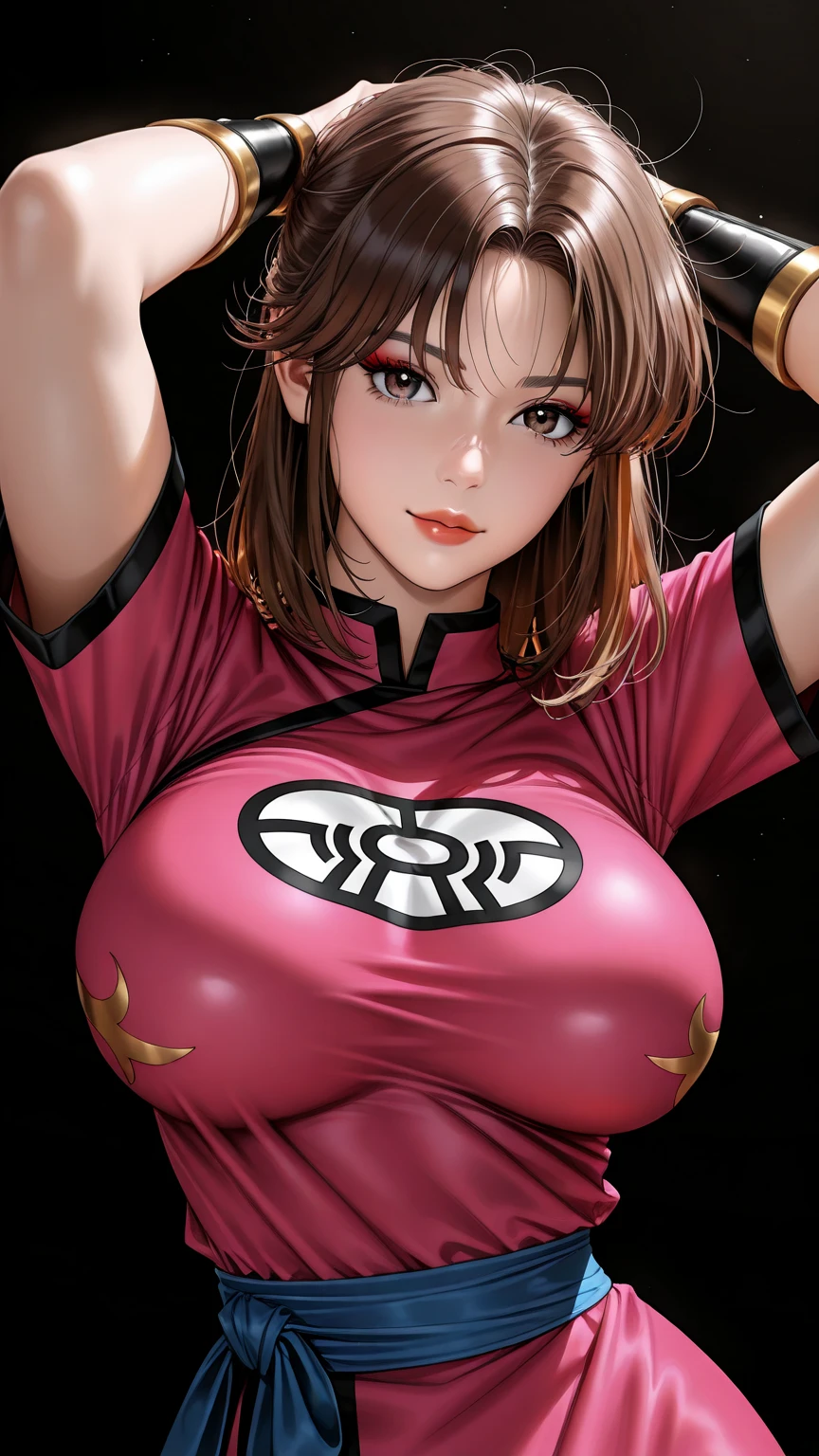 The golden ratio, Proper Configuration, beautiful illustration, 表情のclose-up, maam, dragon quest,, wavy hair, medium hair, huge breasts, brown hair, brown eyes, lipstick, makeup, ,put your hands behind your head, anatomically correct limbs, 5 Anatomically Correct Fingers, standing, one beautiful Japanese woman lying down in her room, 1girl, solo, large breasts, (masterpiece, details:1.2), maorix, score_9, score_8_up, score_7_up, score_6_up, score_5_up, big boobs, short head, super quality, 8k, tight waist, thin body, details eyes, careful brown irises, clear brown eyes, high definition, anatomically correct ratio :1.331, upper body angle, detailsな顔, The viewer looks up at her, black background,