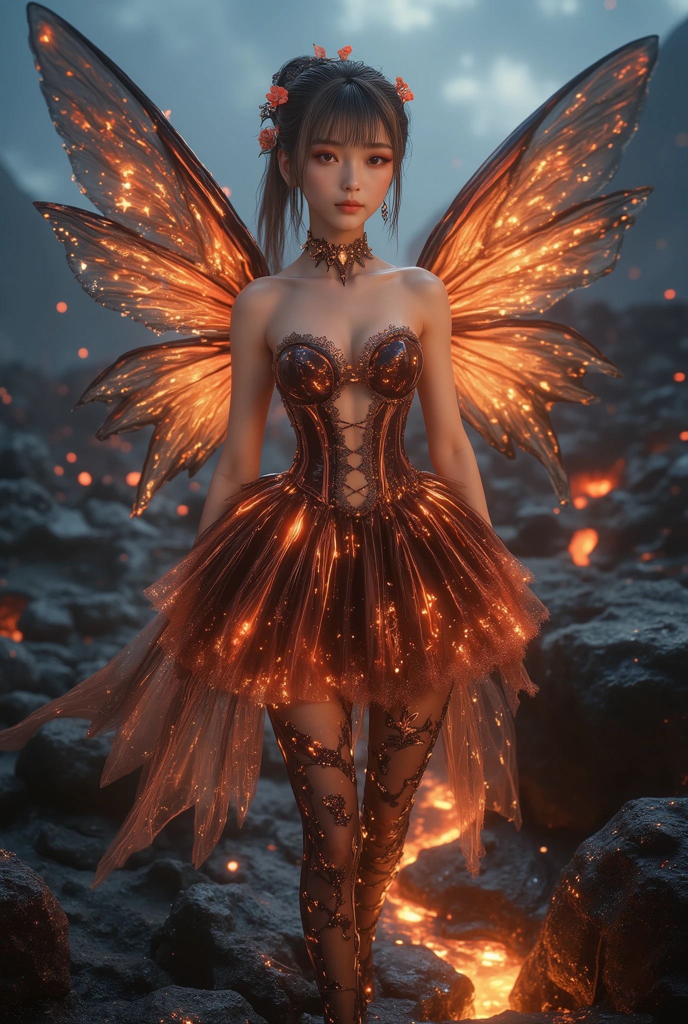 4K, ultra realistic, A mystical scene features a asian cute girl wearing a strapless corset dress made of lava with a revealing cutout and a deep plunging neckline that exudes the essence of a fairy from hell. Her strapless dress is like flowing lava with a tutu micro mini skirt, reflecting the enchanting theme of nature. The fiery accents on her outfit emit a warm, shimmering light, she also wears sexy long stockings and strappy high heels, contrasting with her translucent, flame-like wings, which stretch majestically behind her, exuding an otherworldly elegance. She stands amidst a fantastical volcanic landscape, where molten lava meanders across rugged terrain under a gloomy, cloudy sky. The combination of fiery red and deep blue accentuates the drama of the environment, creating a balance between warmth and mysticism. Her jewelry, subtle yet striking, adds a layer of elegance and magical charm to her look. Elegant flowers in her hair complete her outfit, while her composure evokes a calm and powerful presence amidst the chaotic backdrop.