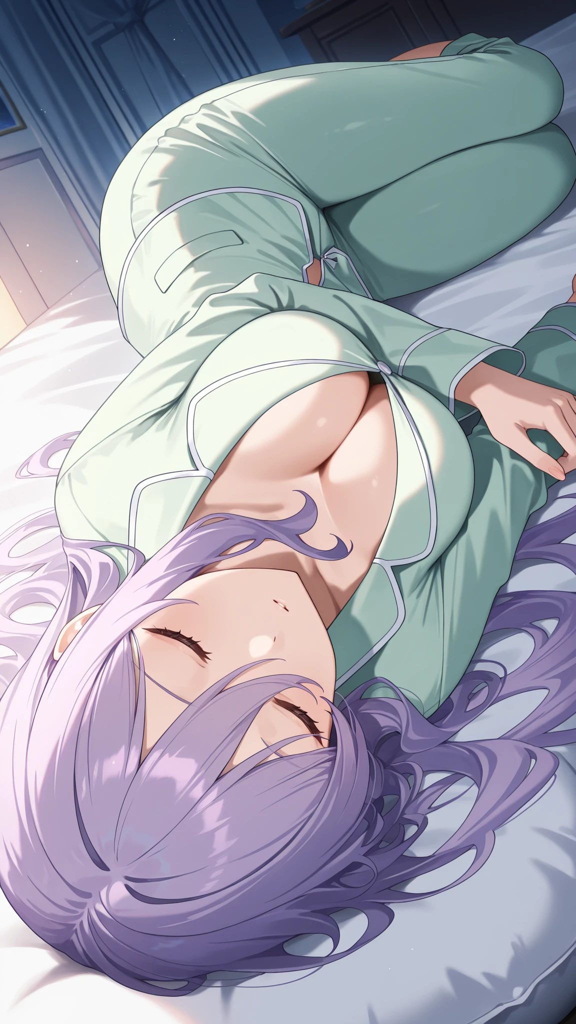 masterpiece,best quality,highre,ultra-detailed,detailed illustration,source_anime,1girl,solo,slender,Shizuru,purple hair, long hair,closed eyes,highly detailed eyes,hair between eyes,light green pajamas,sleeping,cleavage,pants,on side