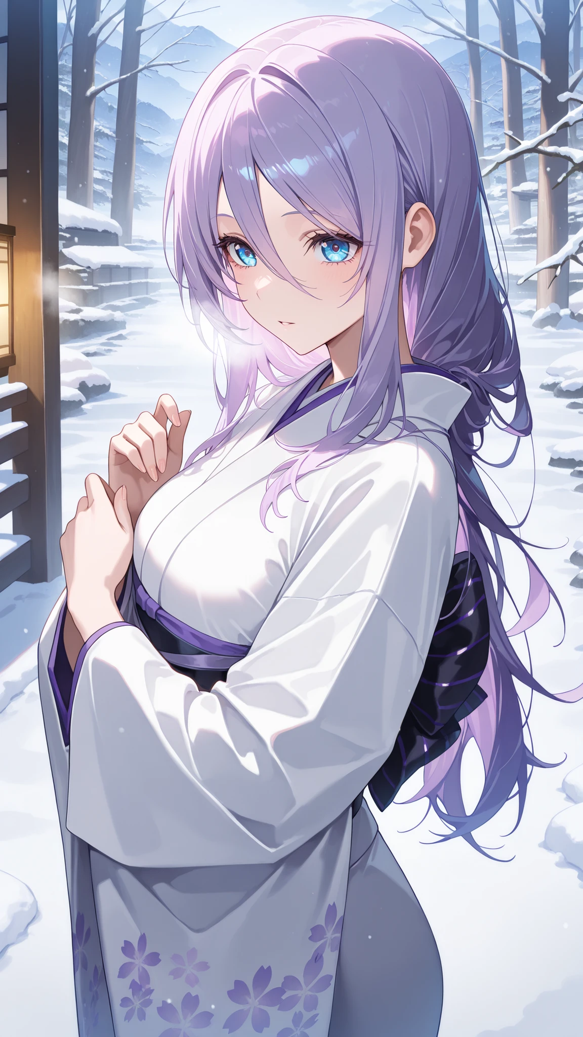 masterpiece,best quality,highre,ultra-detailed,detailed illustration,source_anime,1girl,solo,slender,Shizuru,purple hair, long hair,blue eyes,Enchanting Eyes,highly detailed eyes,hair between eyes,white kimono,snow,