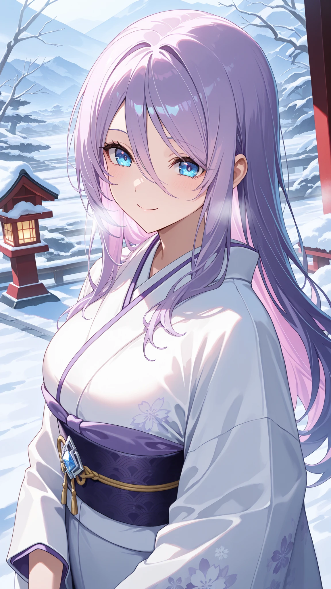 masterpiece,best quality,highre,ultra-detailed,detailed illustration,source_anime,1girl,solo,slender,Shizuru,purple hair, long hair,blue eyes,Enchanting Eyes,highly detailed eyes,hair between eyes,white kimono,snow,smile,
