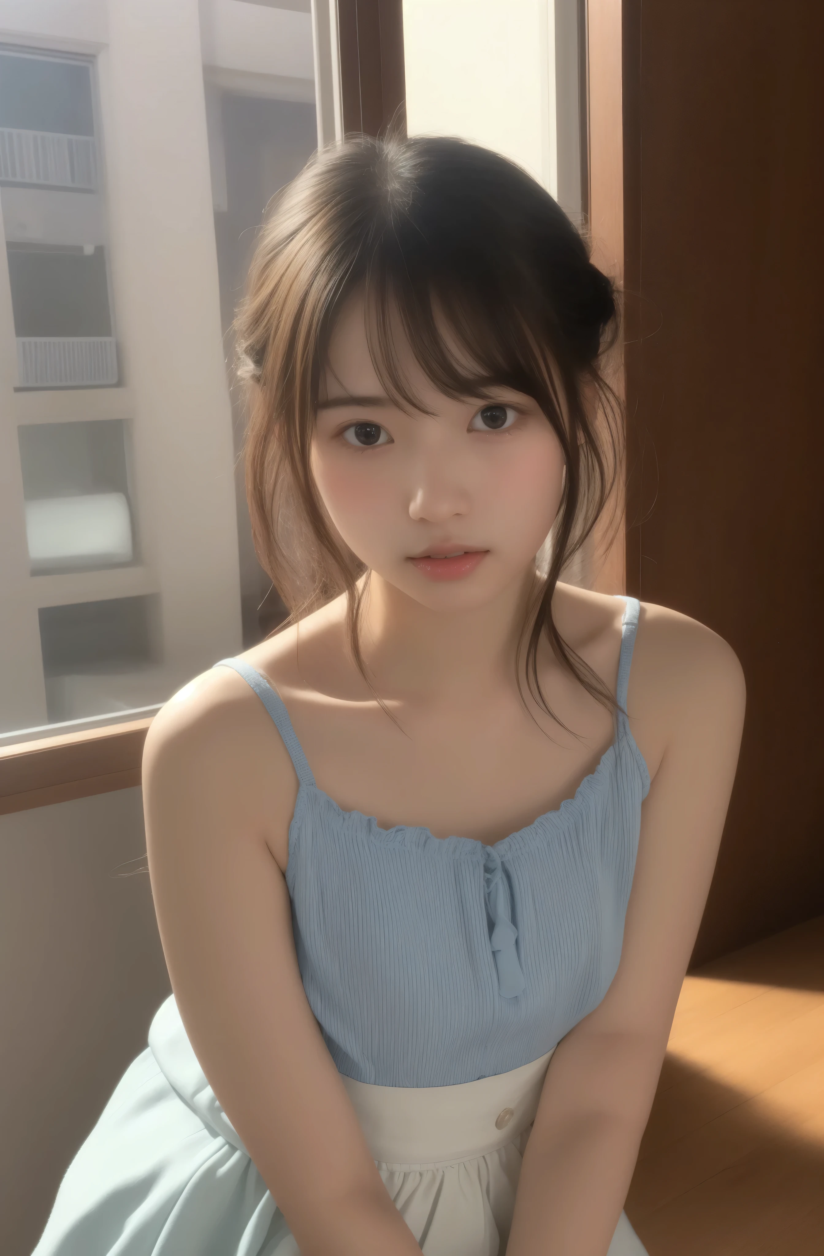 A young woman with short, straight brown hair and bangs, wearing a white sleeveless dress with thin straps, standing in an indoor setting. She has a soft and gentle expression, with light makeup emphasizing her natural beauty. The background is a blurred room with wooden and neutral tones.